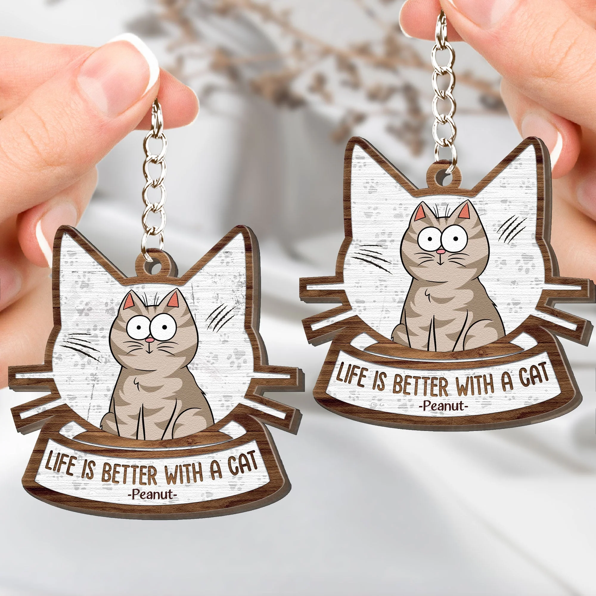 Life Is Better With Cats - Personalized Wooden Keychain - Image 4