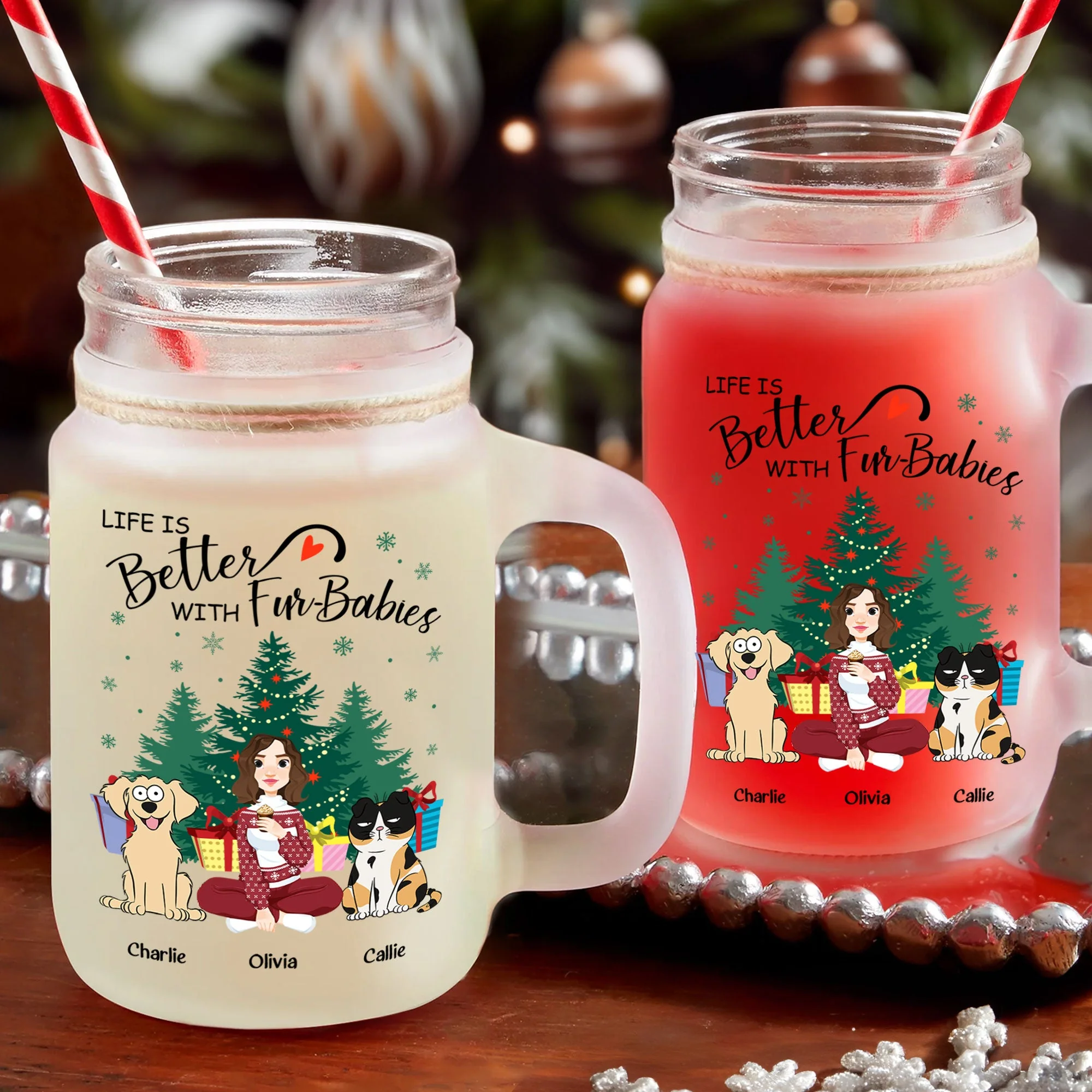 Life Is Better With Fur-Babies - Personalized Mason Jar Cup With Straw - Image 2