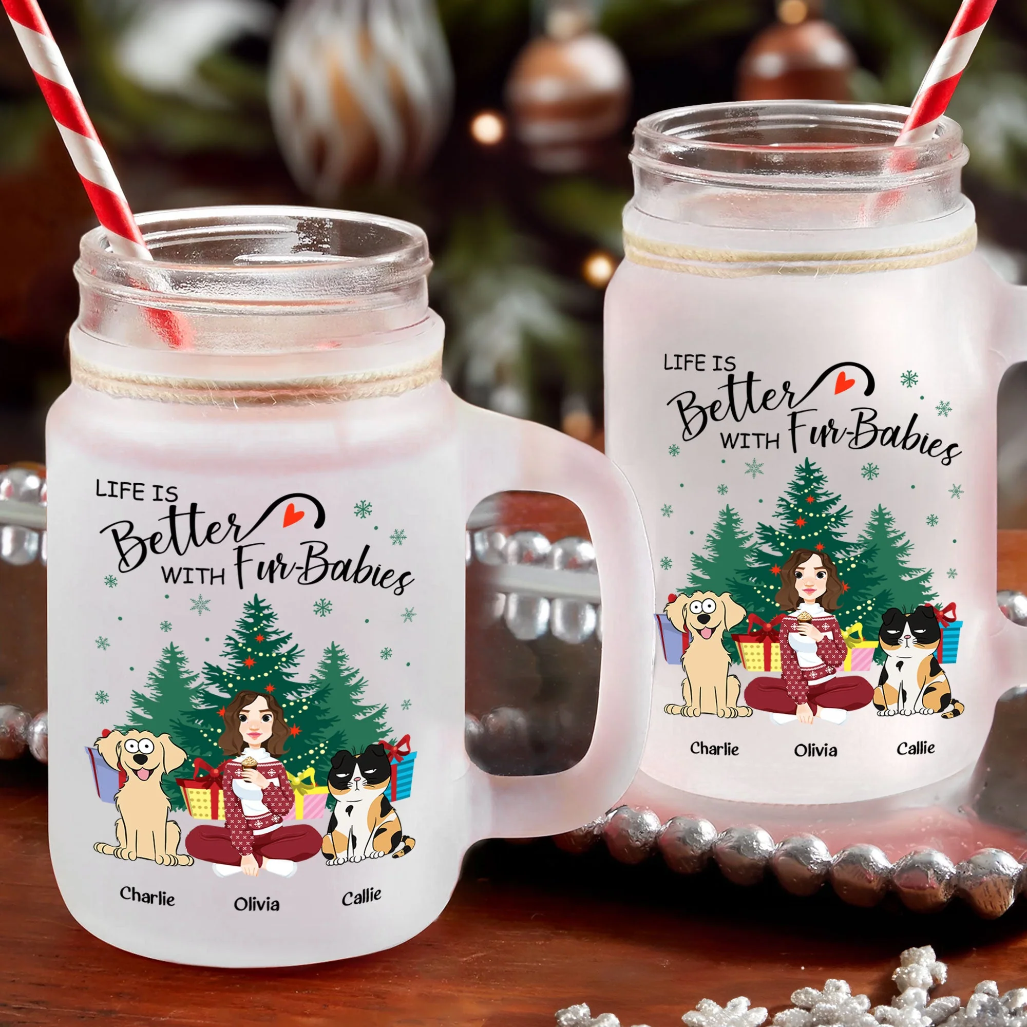 Life Is Better With Fur-Babies - Personalized Mason Jar Cup With Straw - Image 3