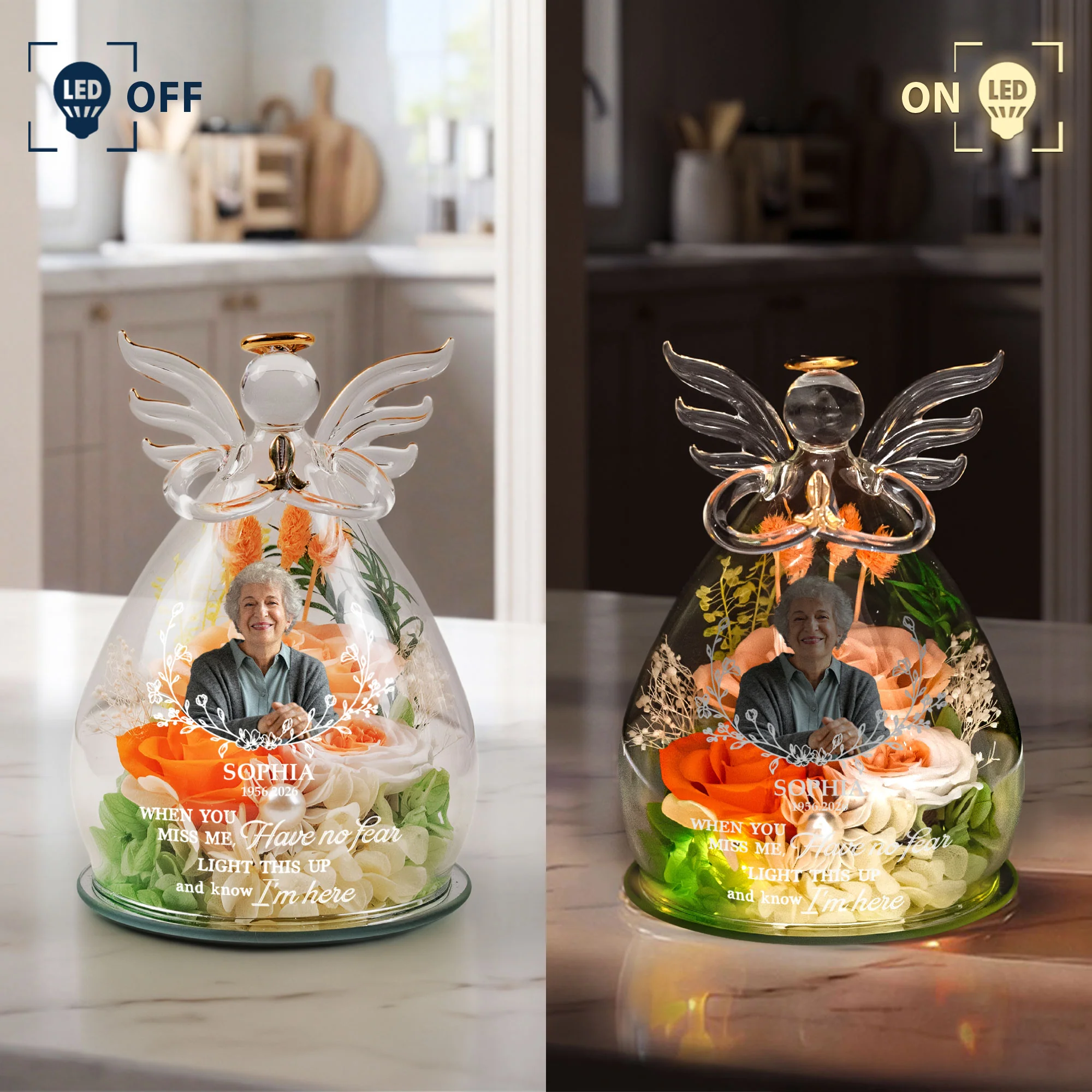 Light This Up And Know I'm Here Memorial Gift - Personalized Flower In Glass Angel Figurines - Image 6