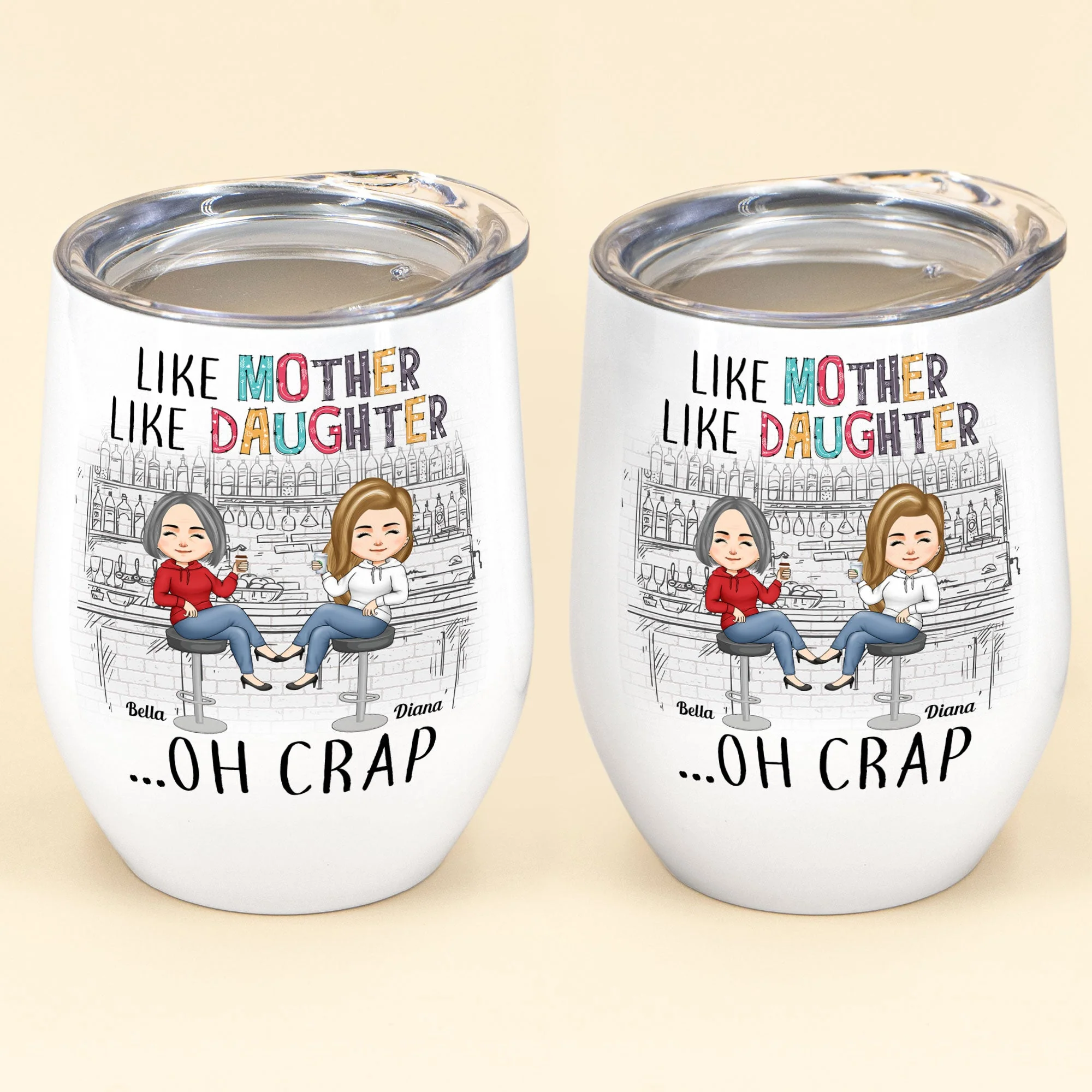 Like Mother Like Daughter Chibi - Personalized Wine Tumbler - Birthday Gift Mother's Day For Mom Funny Gift For Daughter - Gift From Mom, Daughter, Husband - Image 2