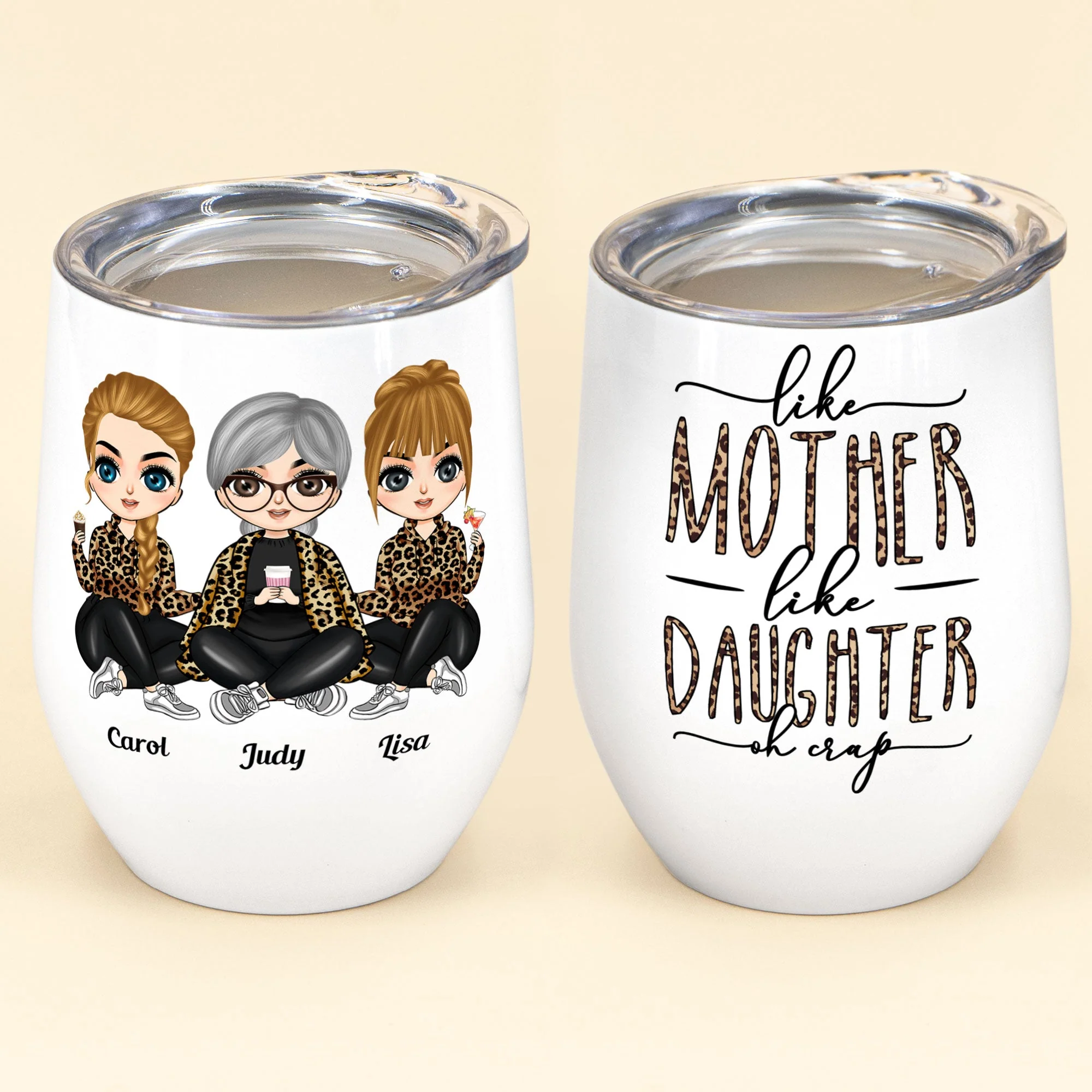 Like Mother Like Daughter Leopard Version - Personalized Wine Tumbler - Birthday, Mother's Day Gift For Mother, Mom, Daughter - Leopard Chibi Girls - Image 2