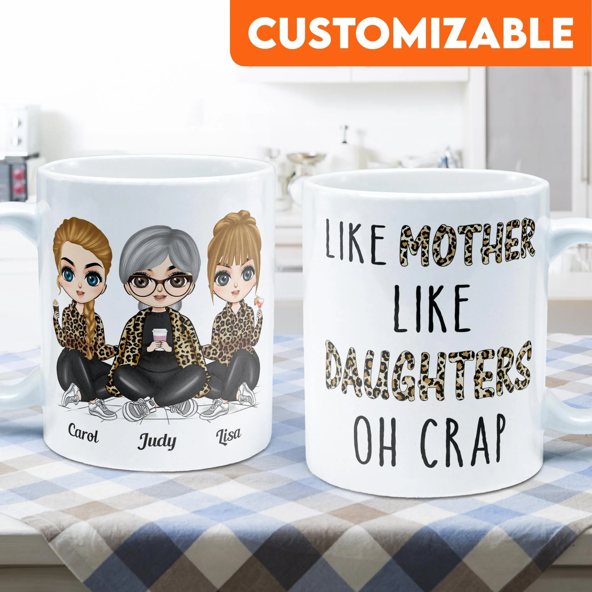 Like Mother Like Daughter Oh Crap Leopard Design - Personalized Mug - Birthday Gift For Mother, Mom, Daughter - Chibi Girls - Image 4