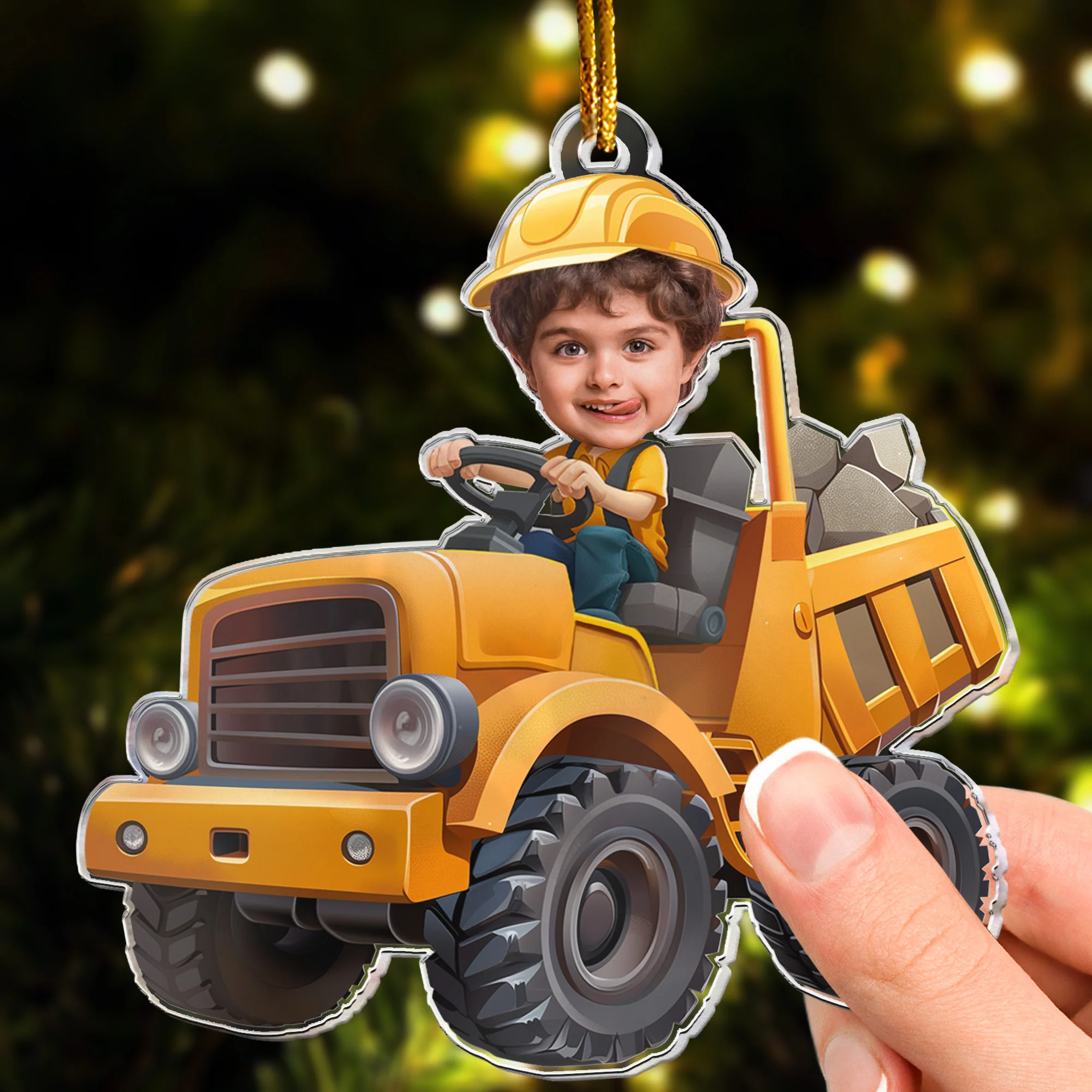 Little Boy Riding Construction Truck - Flat Design - Gifts For Kids - Personalized Acrylic Photo Ornament - Image 4
