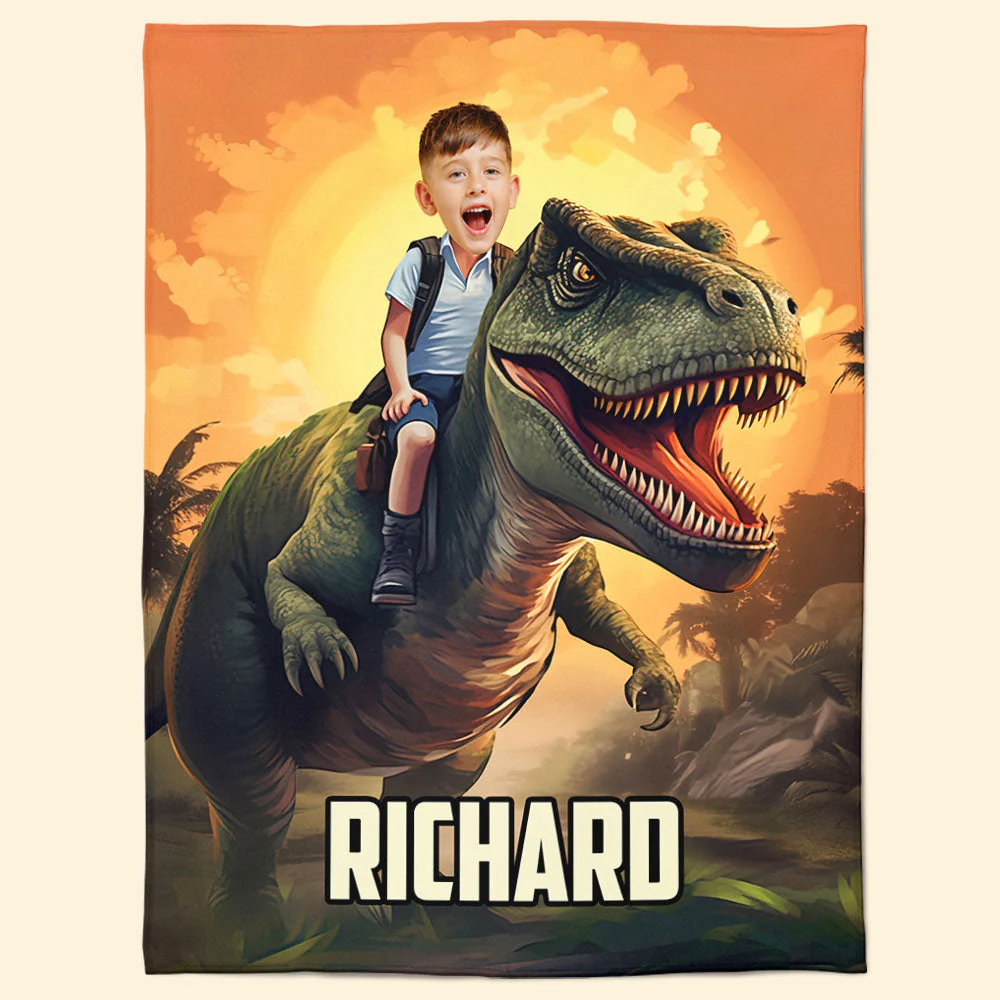Little Boy Riding Dinosaur - Personalized Kid Photo Blanket - Image 9