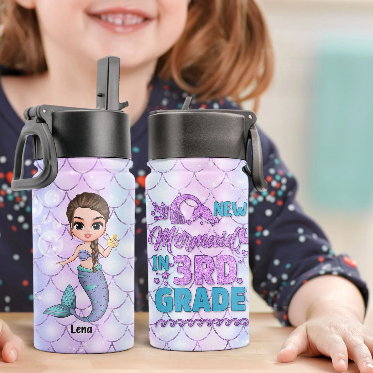 Little Mermaid In School - Personalized Kids Water Bottle With Straw Lid - Image 4