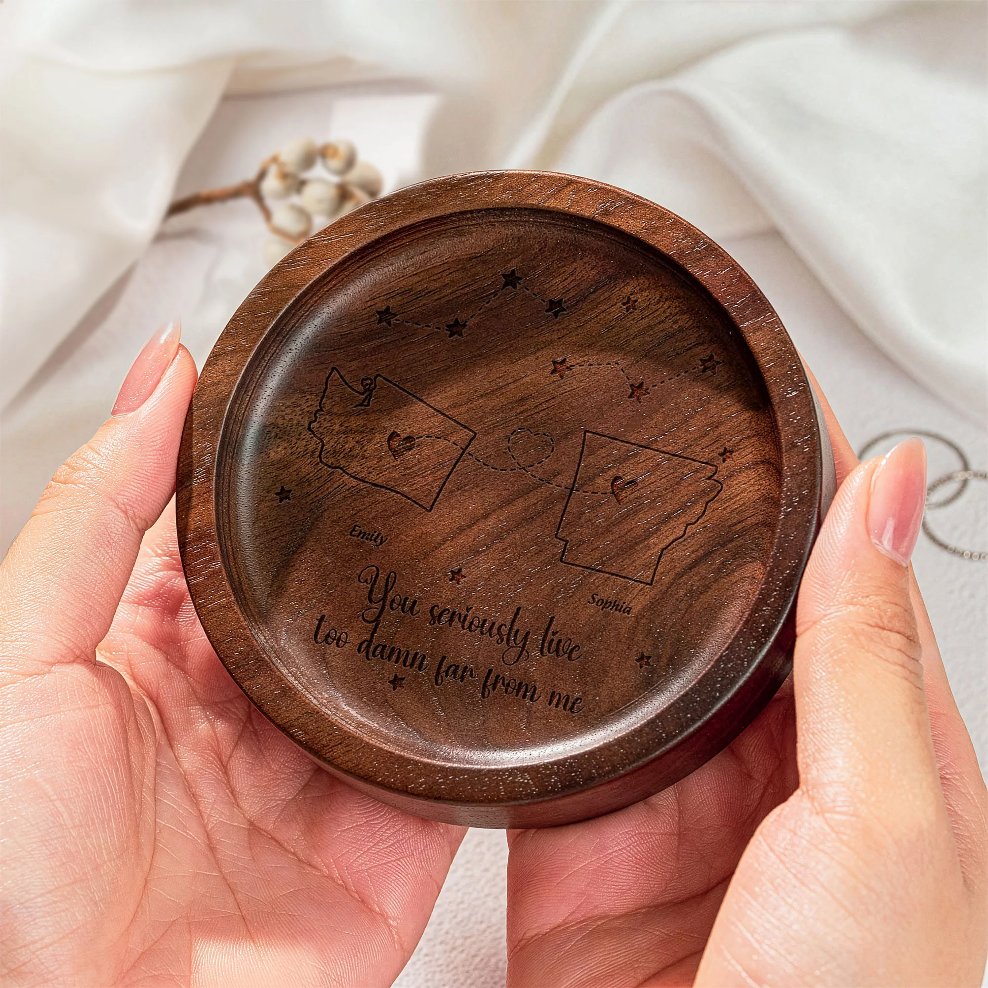 Long Distance Custom State To State For Friends, Couples, Family - Personalized Wood Ring Dish - Image 3