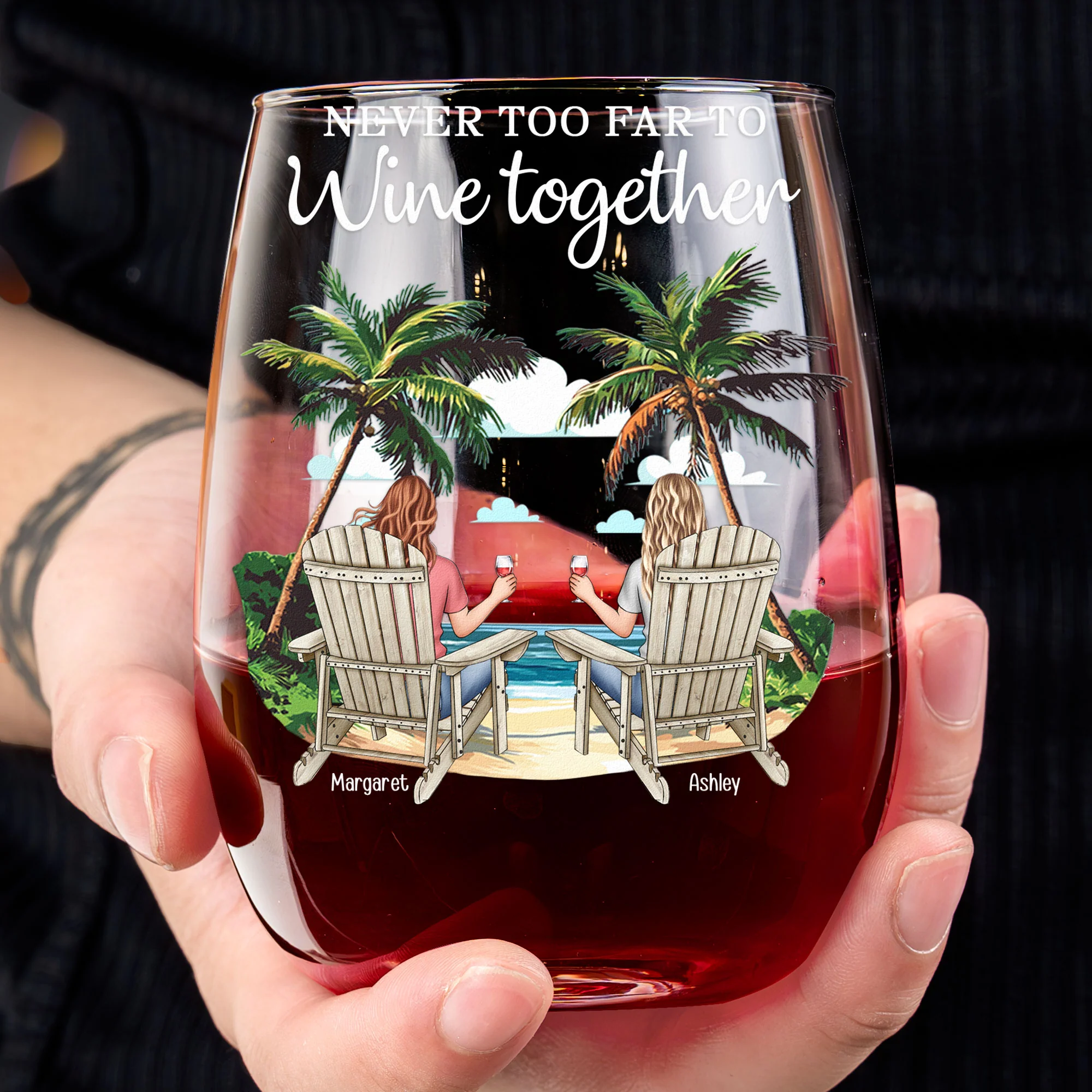 Long Distance Family Friends Never Too Far To Wine Together - Personalized Stemless Wine Glass - Image 4