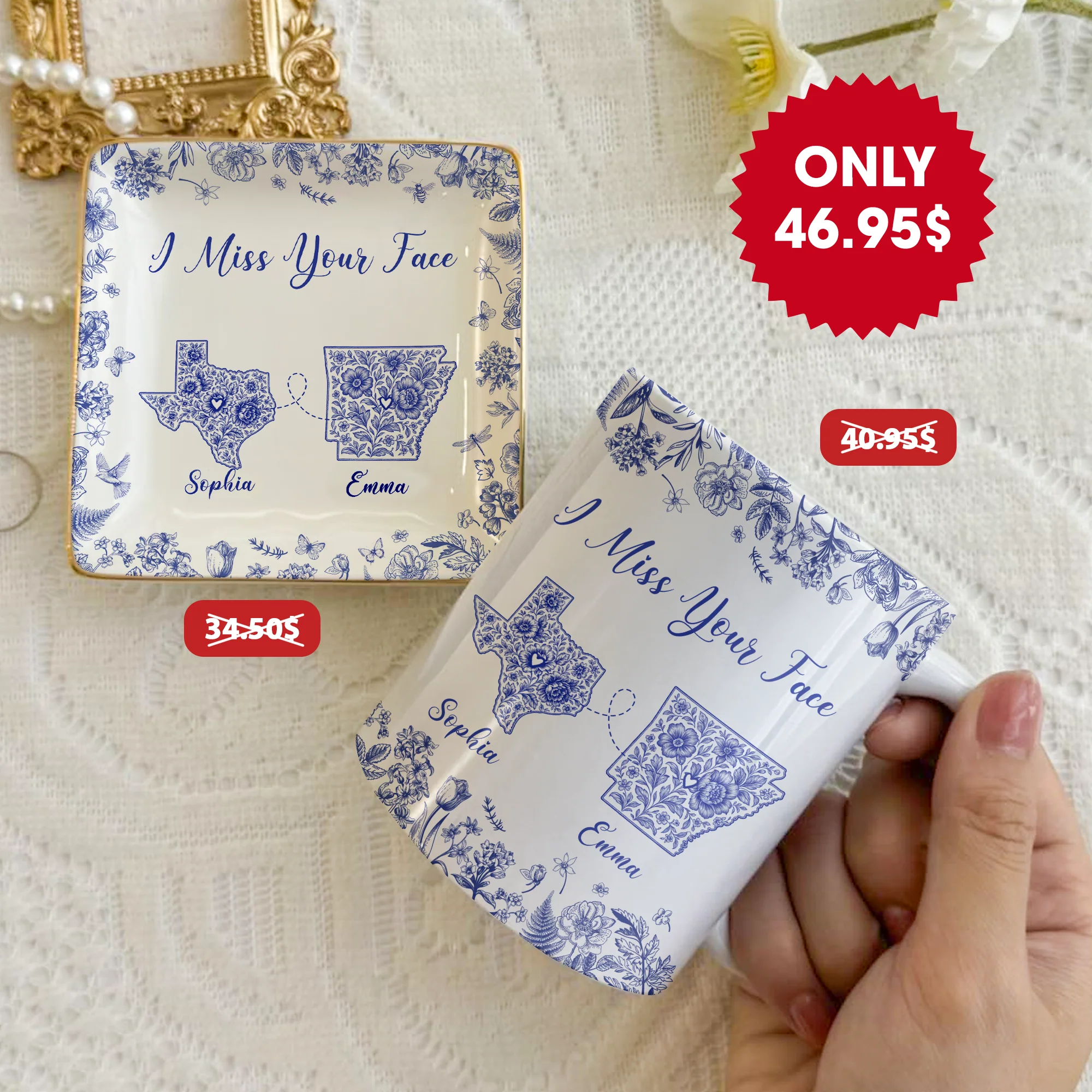 Long Distance Relationship I Miss You Toile De Jouy Custom States - Personalized Gift Set - Image 3