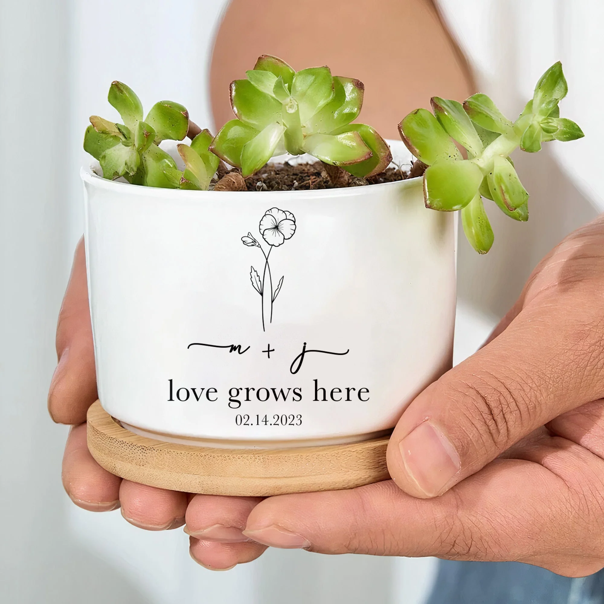 Love Grows Here Engagement Gift - Personalized Ceramic Plant Pot With Tray - Image 6