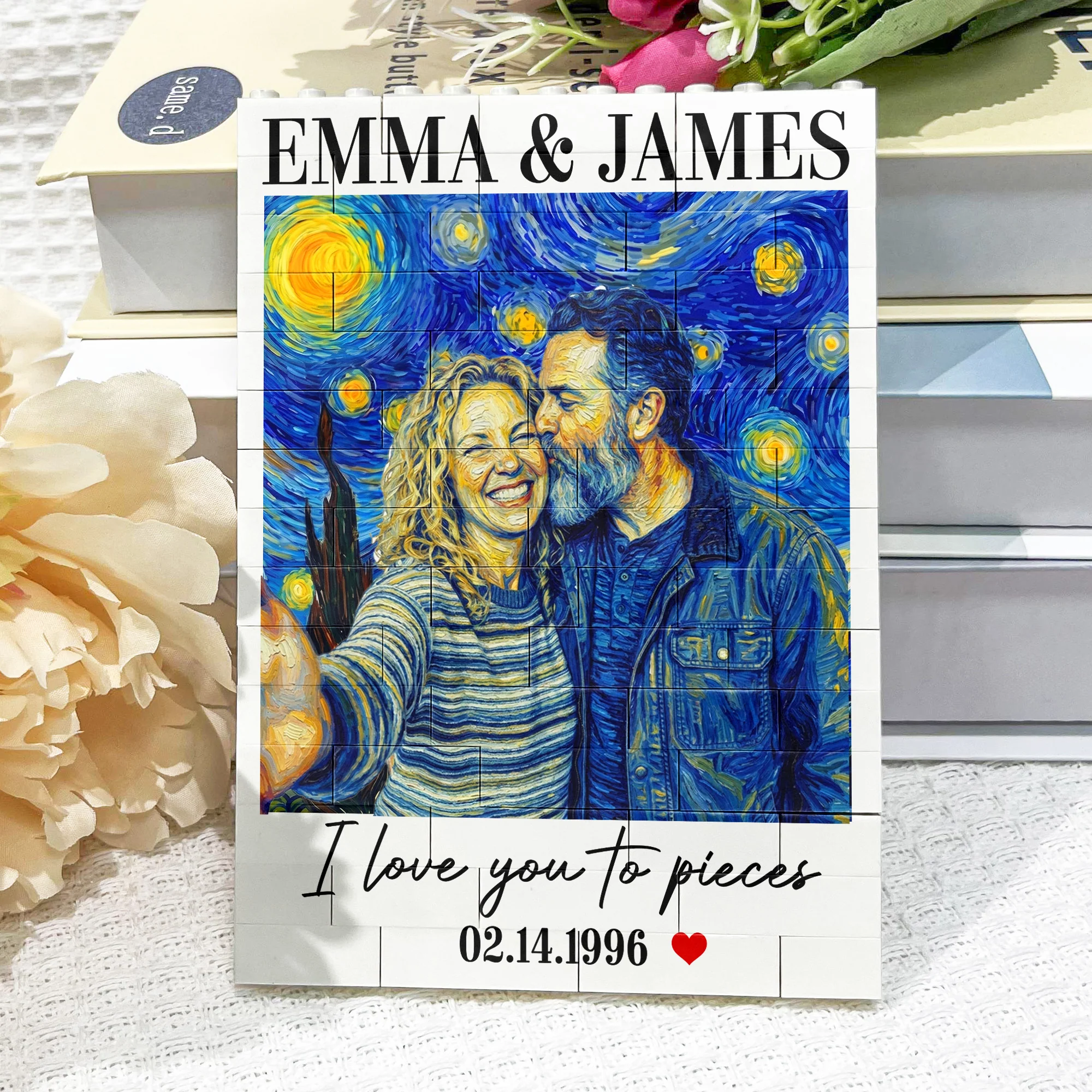 Love You To Pieces Custom Photo Van Gogh Style Art - Personalized Building Blocks - Image 5