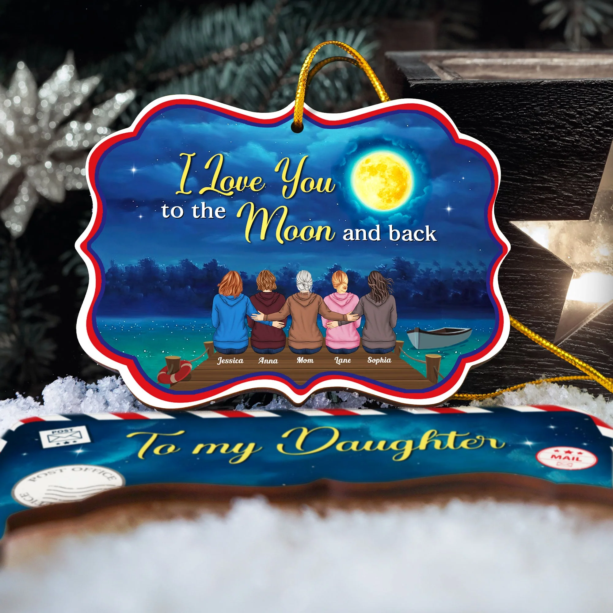 Love You To The Moon And Back - Personalized Christmas Wooden Card With Pop Our Ornament - Christmas Gift For Daughters, Sons - Image 4