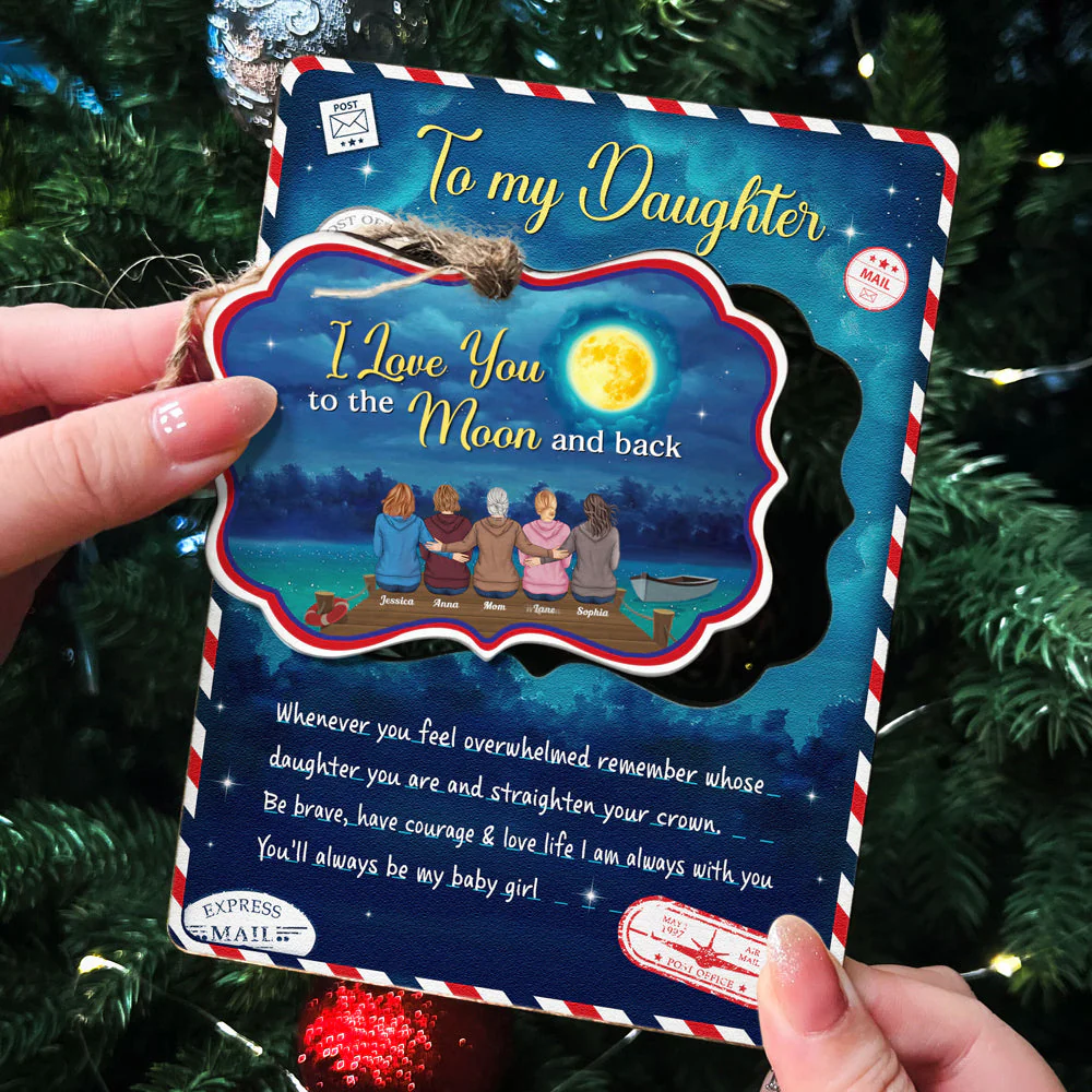 Love You To The Moon And Back - Personalized Christmas Wooden Card With Pop Our Ornament - Christmas Gift For Daughters, Sons - Image 5