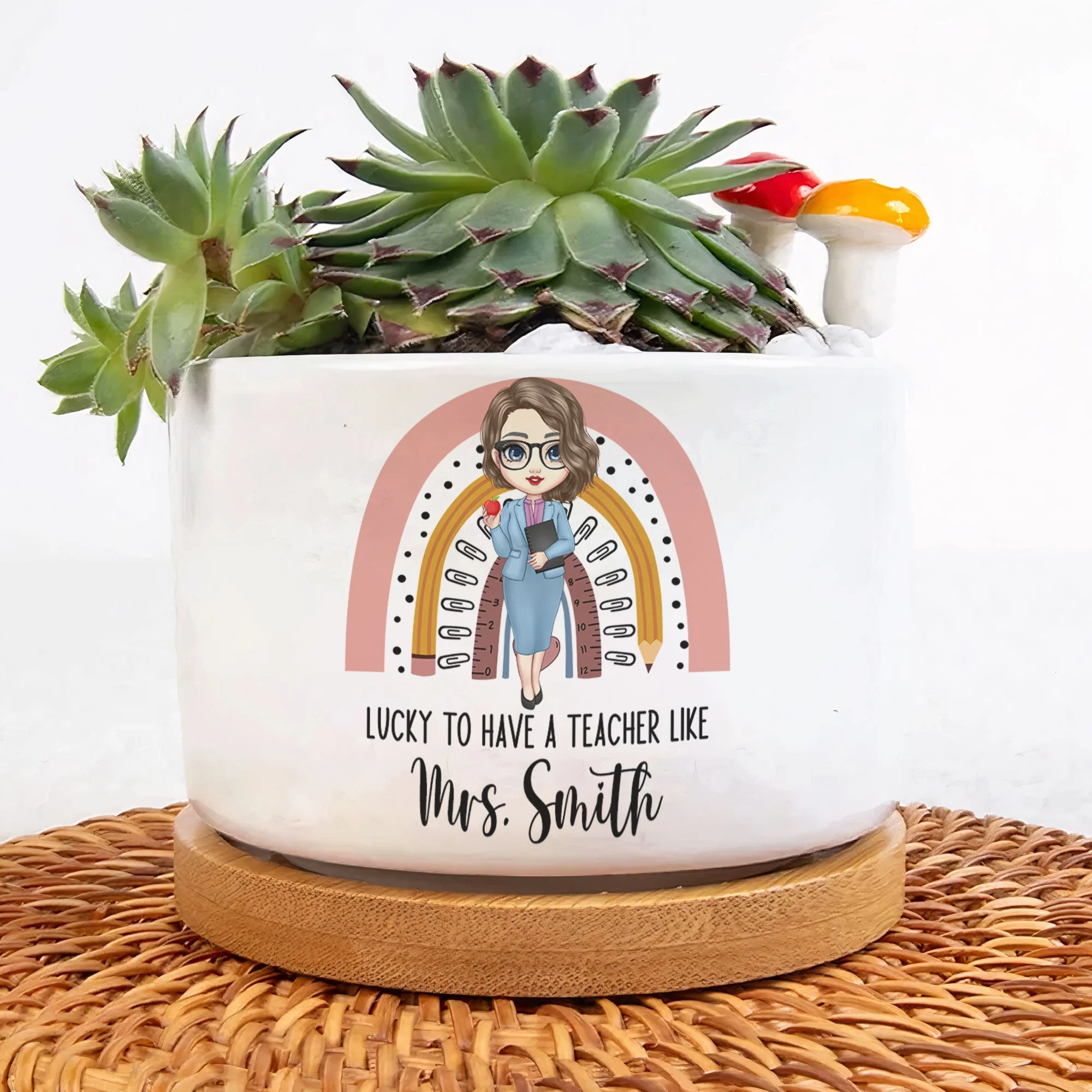 Lucky To Have A Teacher Like You - Personalized Ceramic Plant Pot With Tray - Image 3