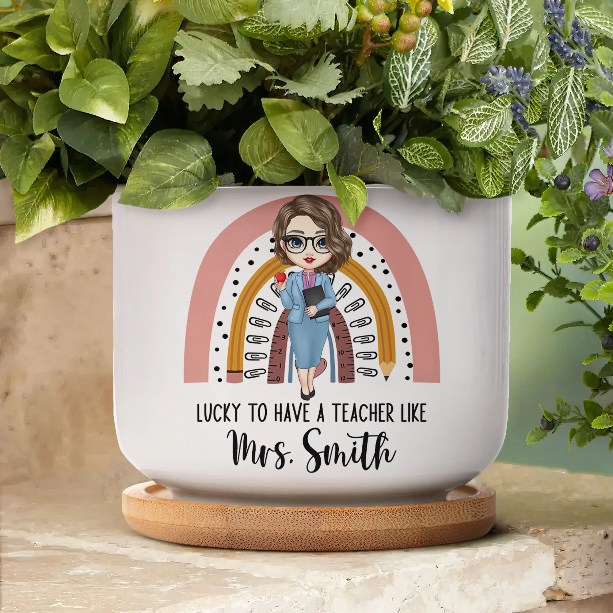 Lucky To Have A Teacher Like You - Personalized Ceramic Plant Pot With Tray - Image 5