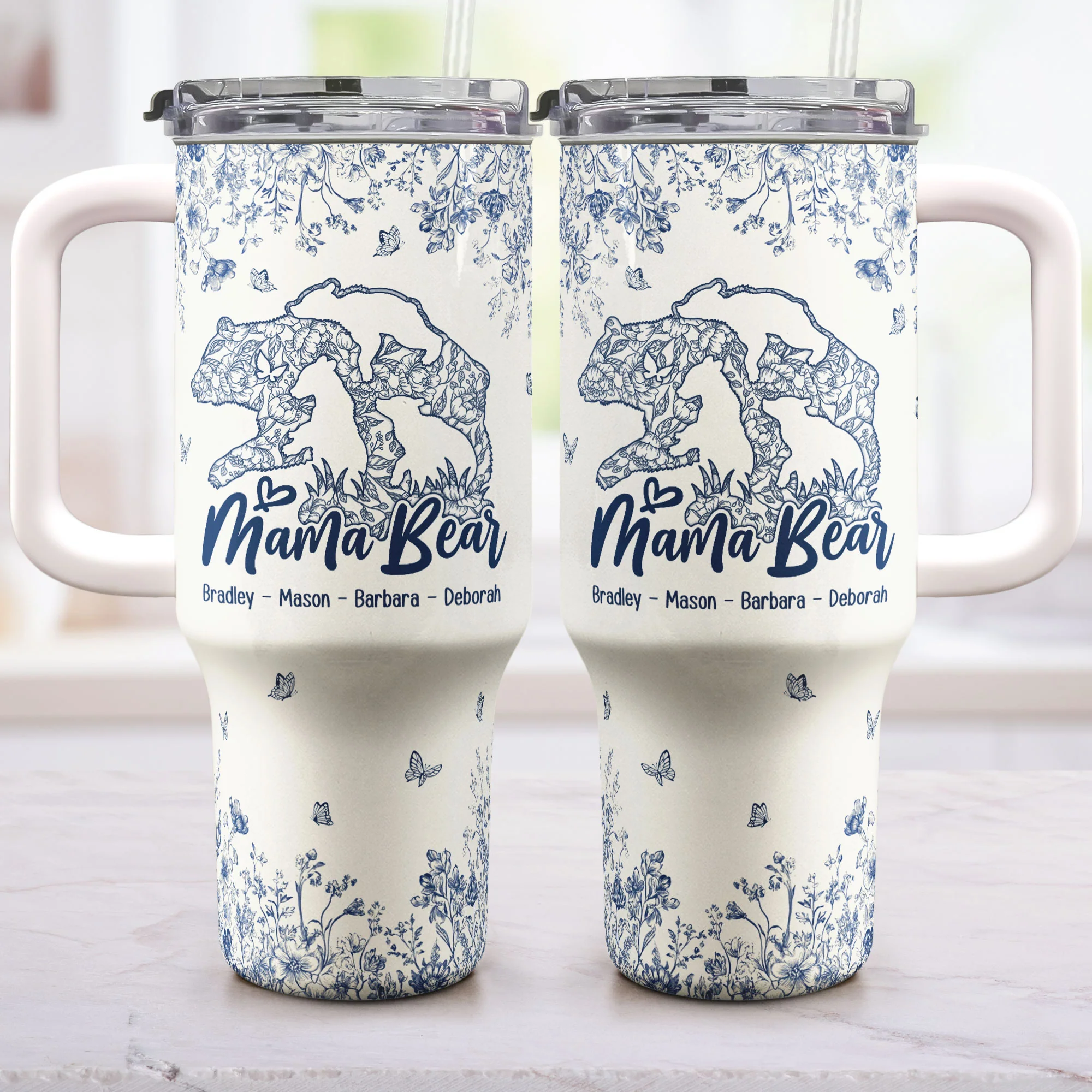 Mama Bear Toile De Jouy - Personalized 40oz Tumbler With Straw - Image 2