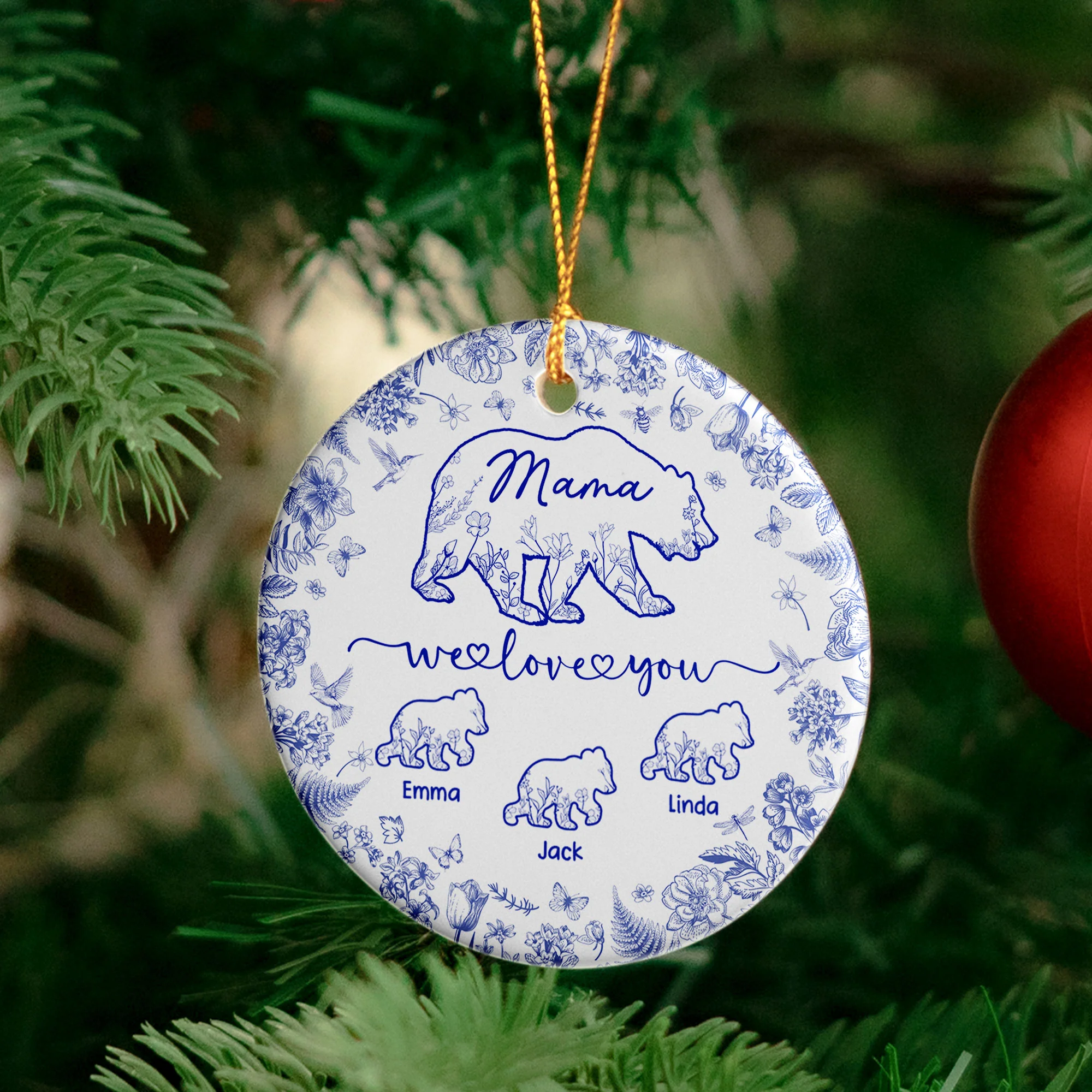 Mama Bear Toile De Jouy - Personalized Ceramic Ornament - Image 4