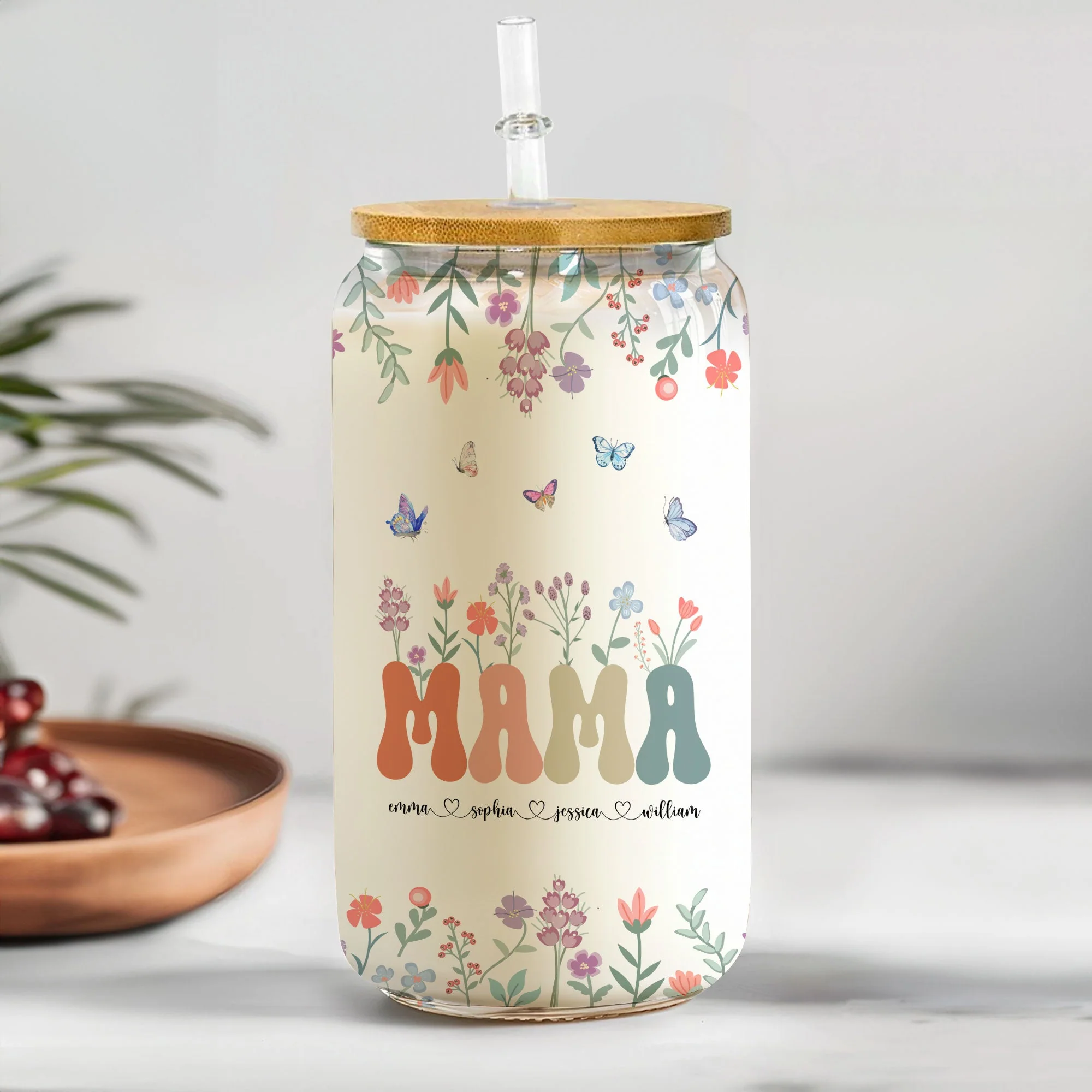Mama Grandma Mimi Gigi Floral With Kids Names - Personalized Clear Glass Cup - Image 2
