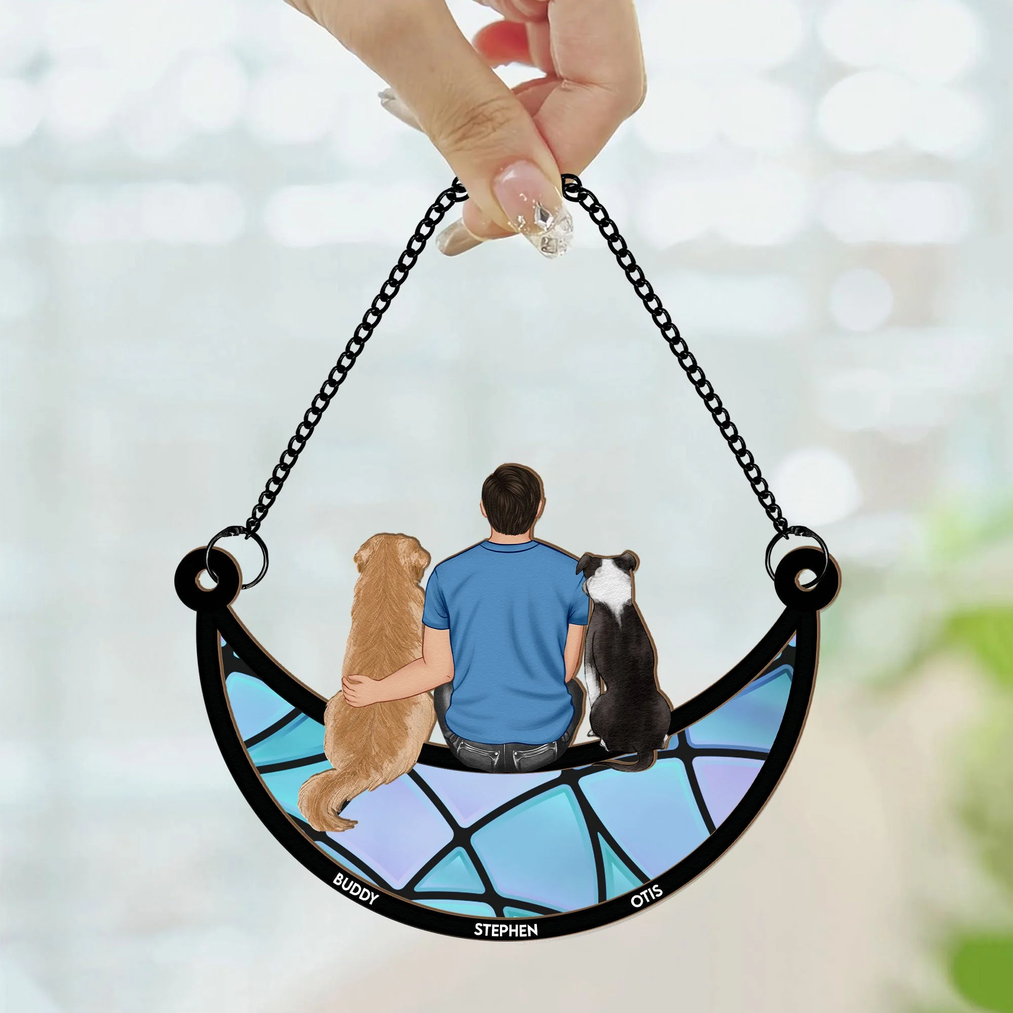 Man And Dog Sitting On The Moon - Personalized Window Hanging Suncatcher Ornament - Image 2