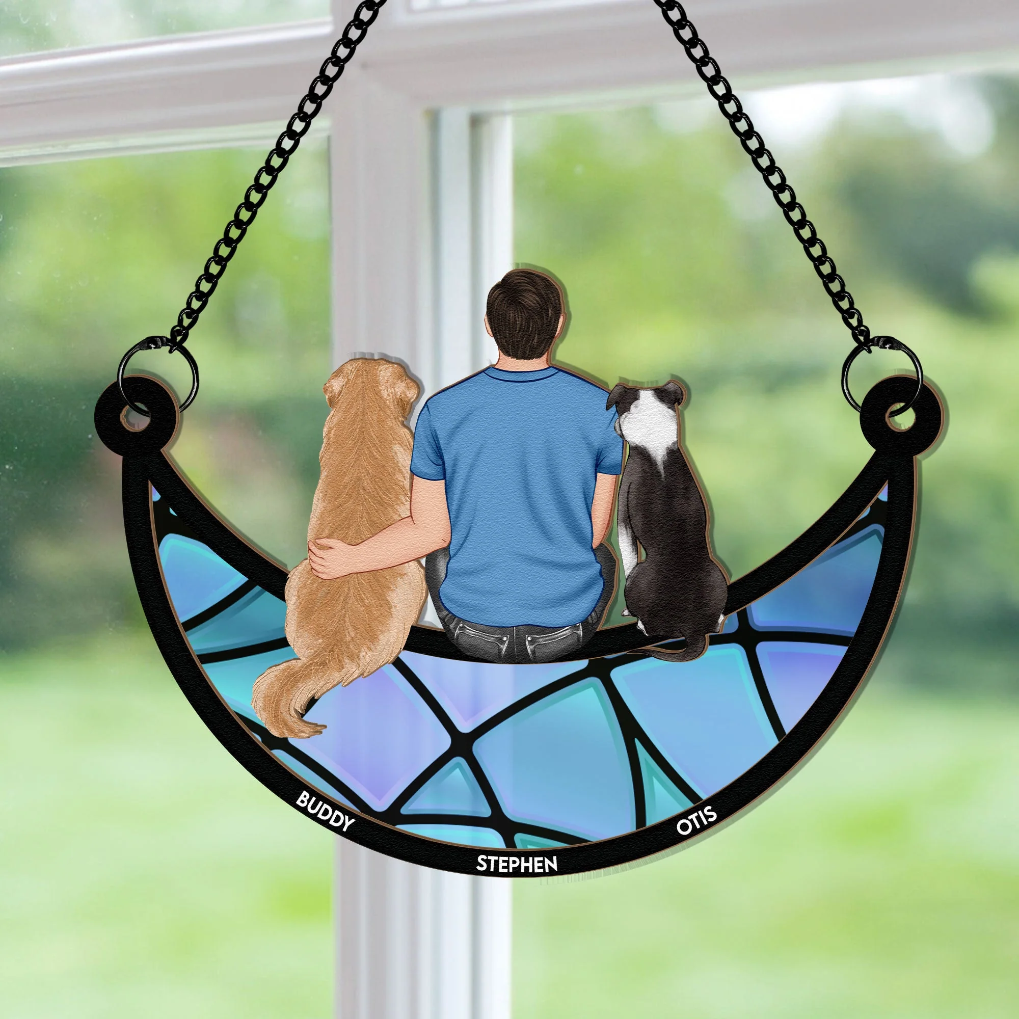 Man And Dog Sitting On The Moon - Personalized Window Hanging Suncatcher Ornament - Image 3