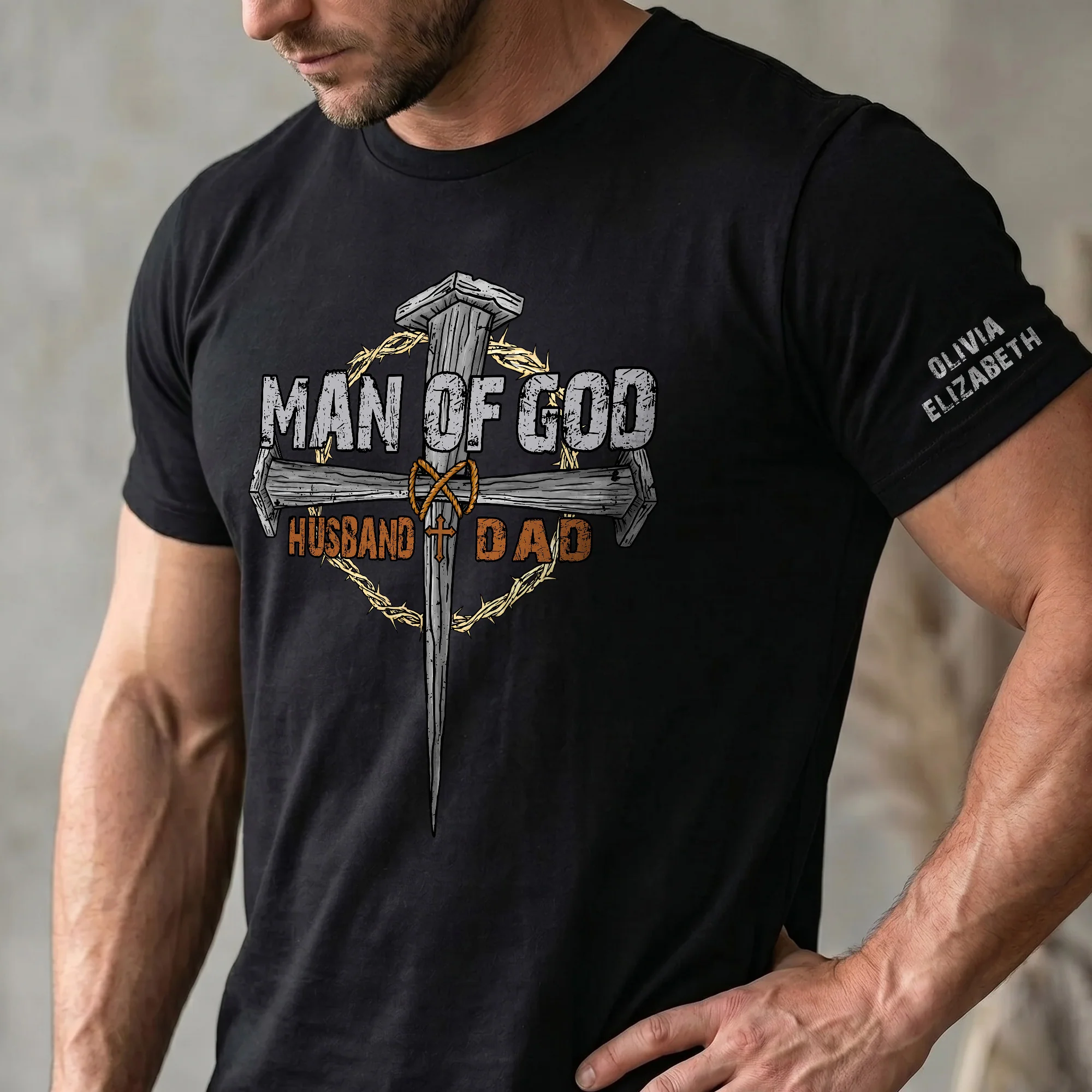 Man Of God Dad - Christian Father's Day Gifts Custom Kids' Names On Sleeves - Personalized Shirt - Image 2