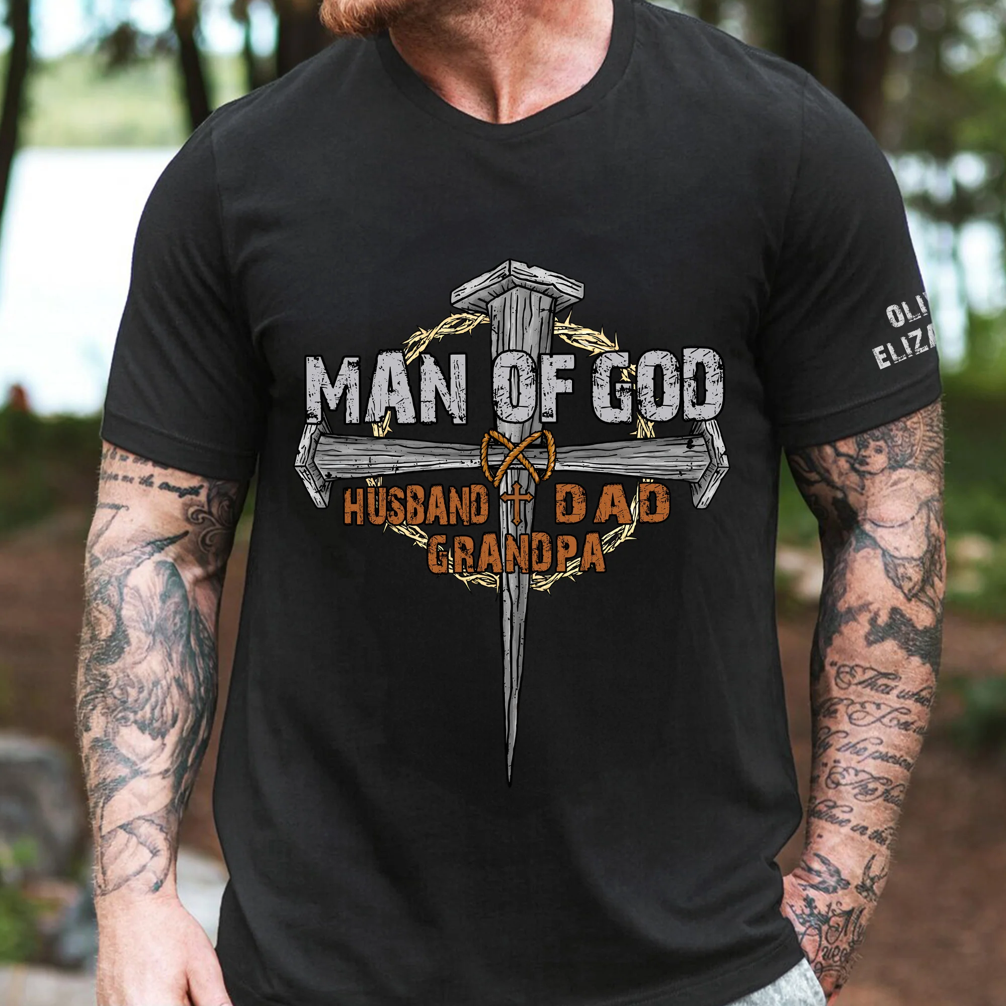 Man Of God Dad - Christian Father's Day Gifts Custom Kids' Names On Sleeves - Personalized Shirt - Image 6