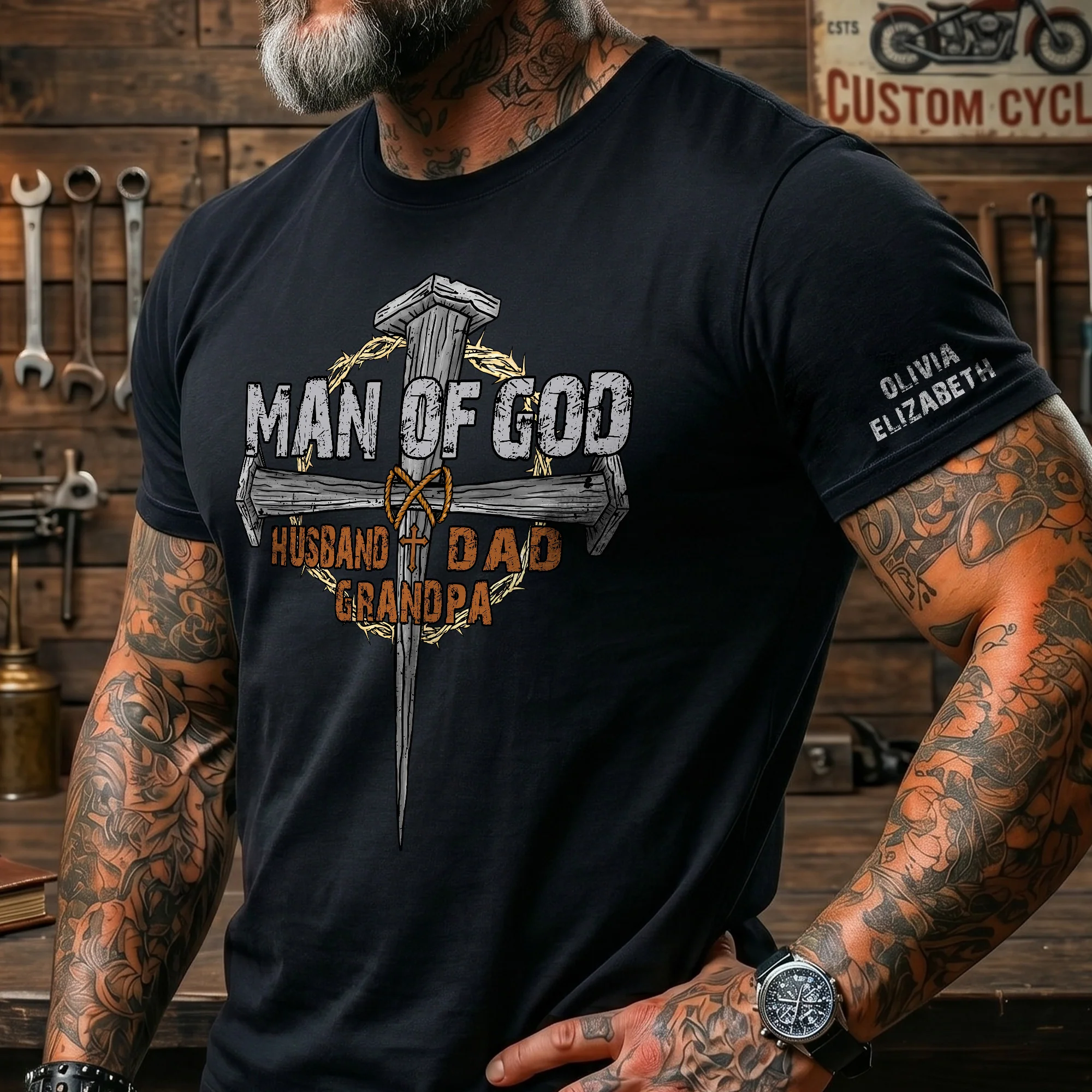 Man Of God Dad - Christian Father's Day Gifts Custom Kids' Names On Sleeves - Up To 12 Names - Personalized Shirt - Image 3
