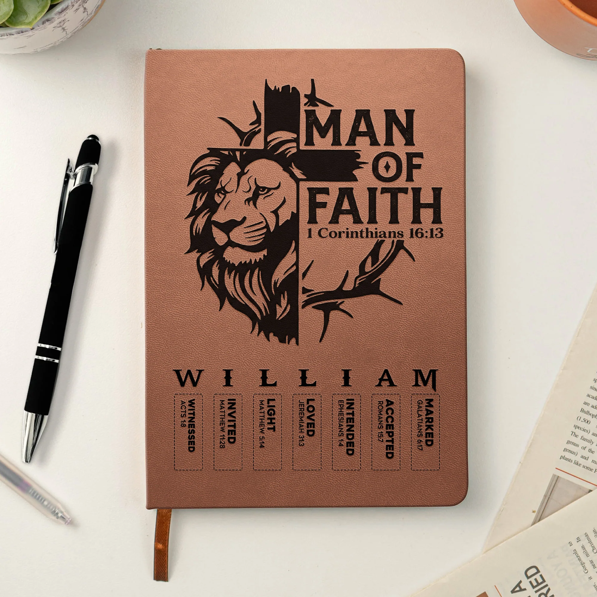 Man Of God - Man Of Faith Christian Gift For Him - Personalized Leather Journal - Image 3