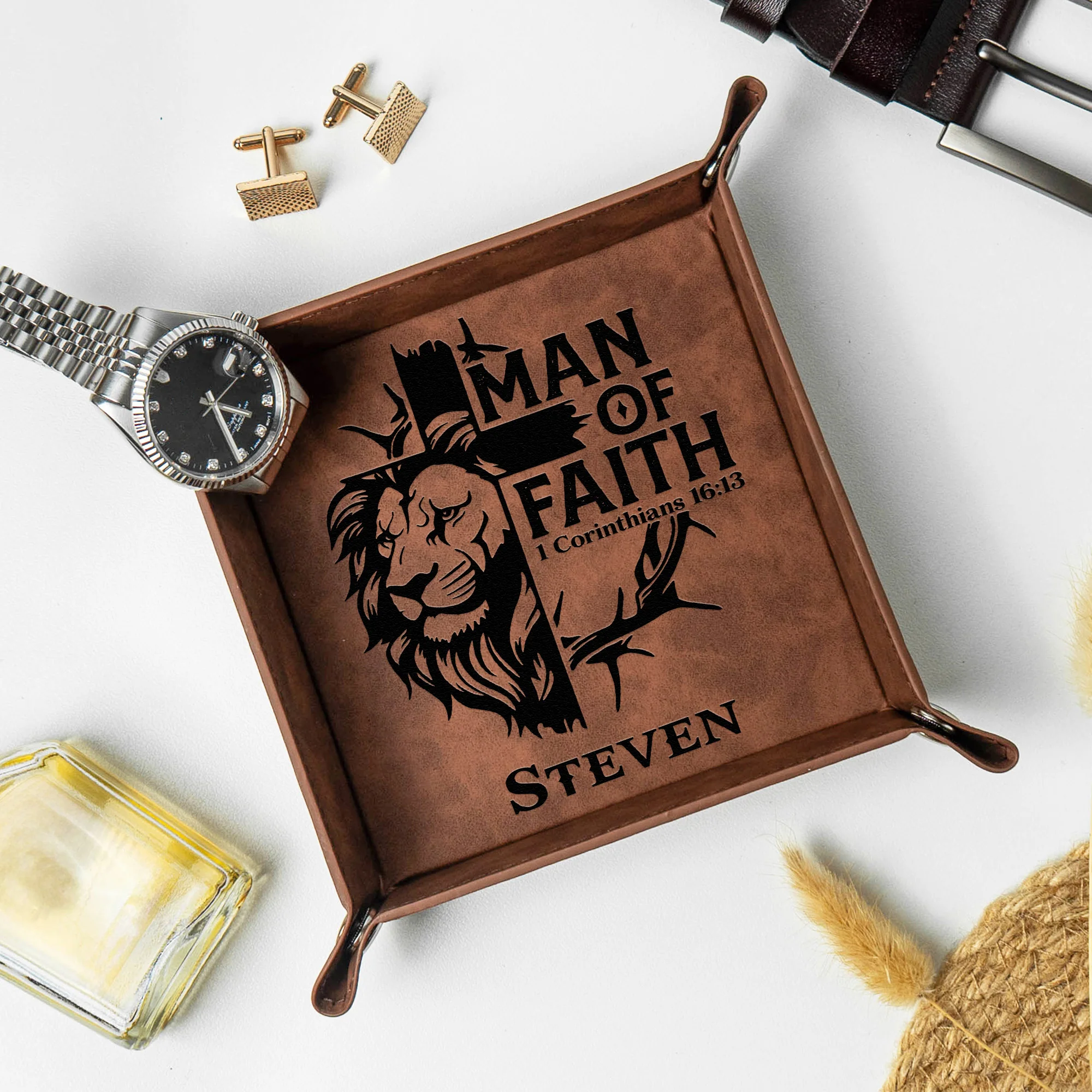 Man Of God - Man Of Faith Religious Christian Gift For Him - Personalized Leather Valet Tray - Image 2