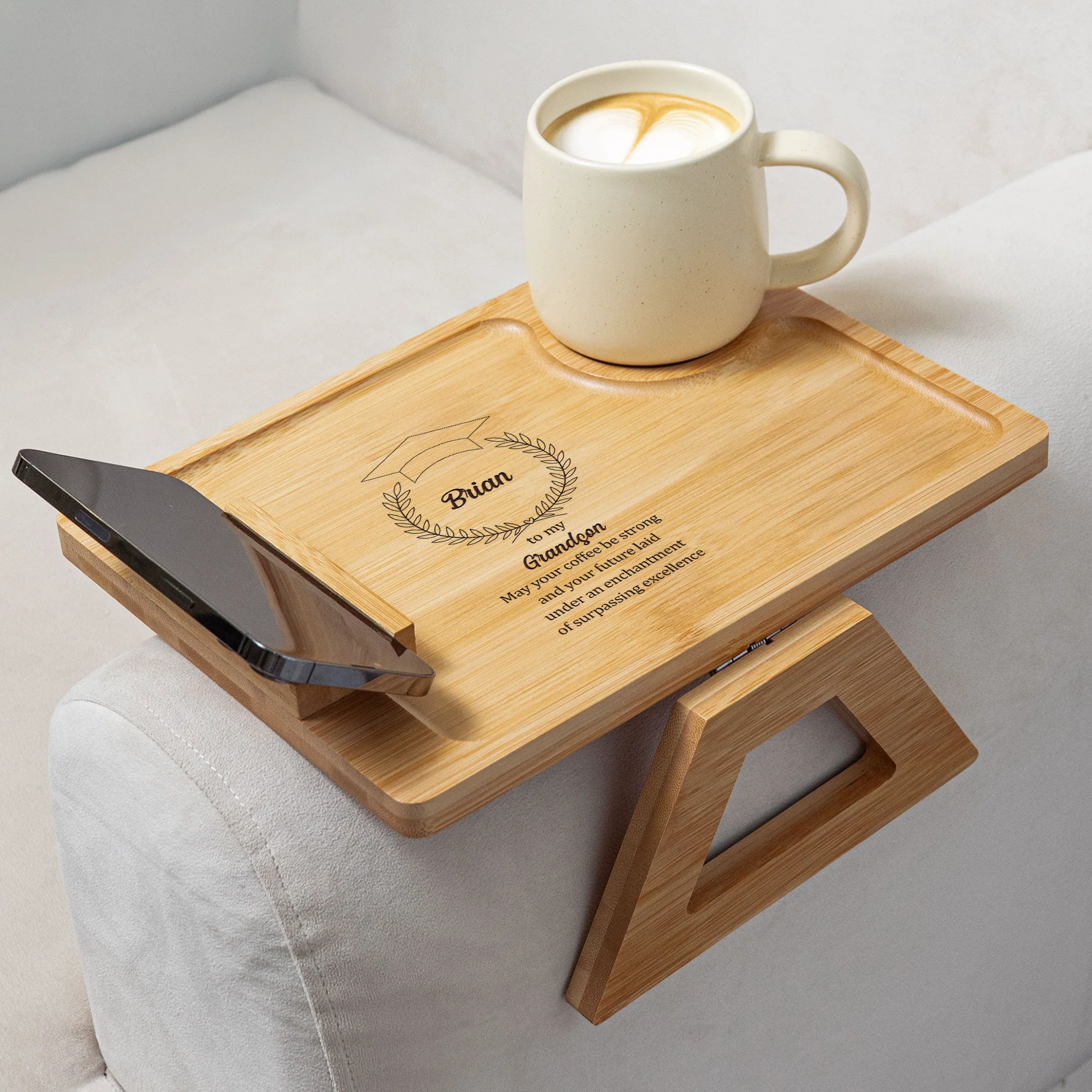 May Your Coffee Be Strong - Personalized Wooden Couch Arm Table - Image 5