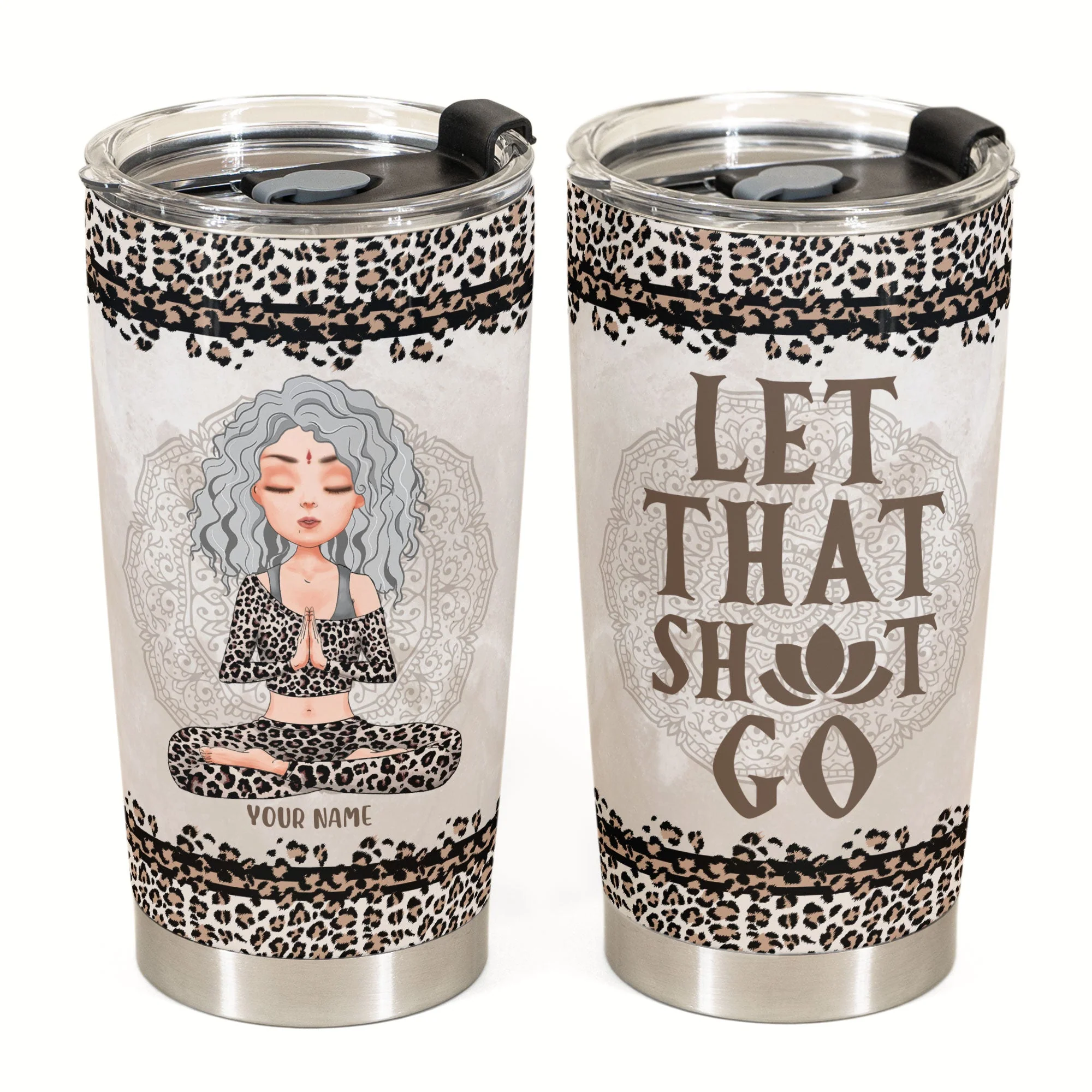 Meditation Yoga Girl - Personalized Tumbler Cup - Birthday Gift For Yoga Lover - Leopard Pattern Design - Image 2