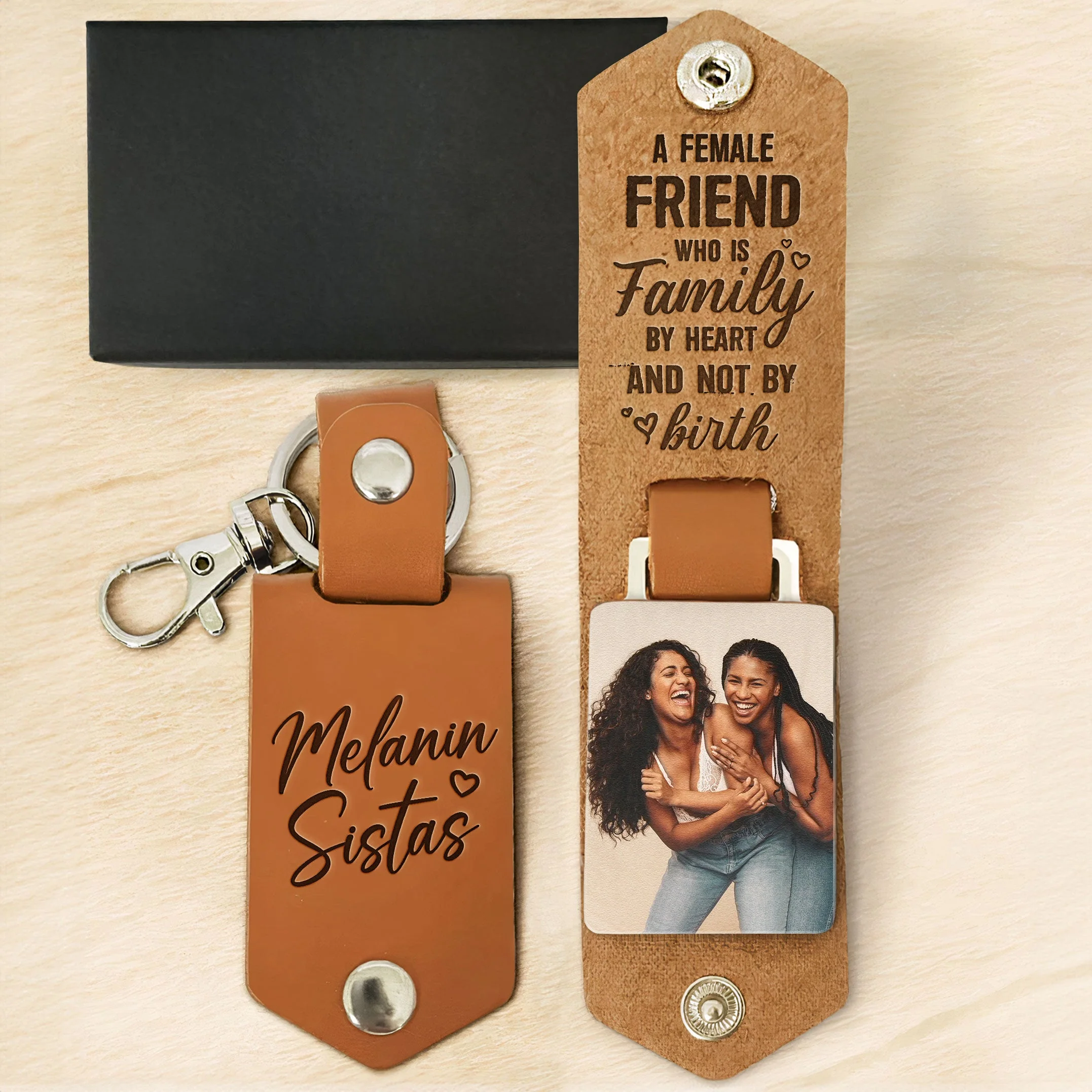 Melanin Sistas Gift For Black Women Friend - Personalized Leather Photo Keychain - Image 5