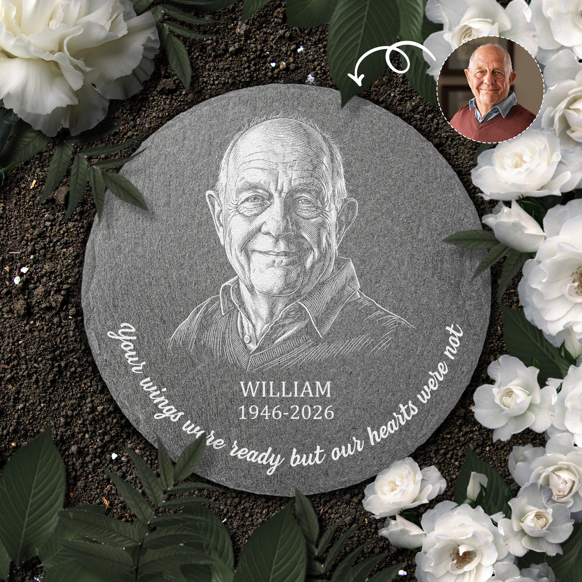 Memorial Gifts Custom Photo Sketch Line Art Your Wings Were Ready - Personalized Stone