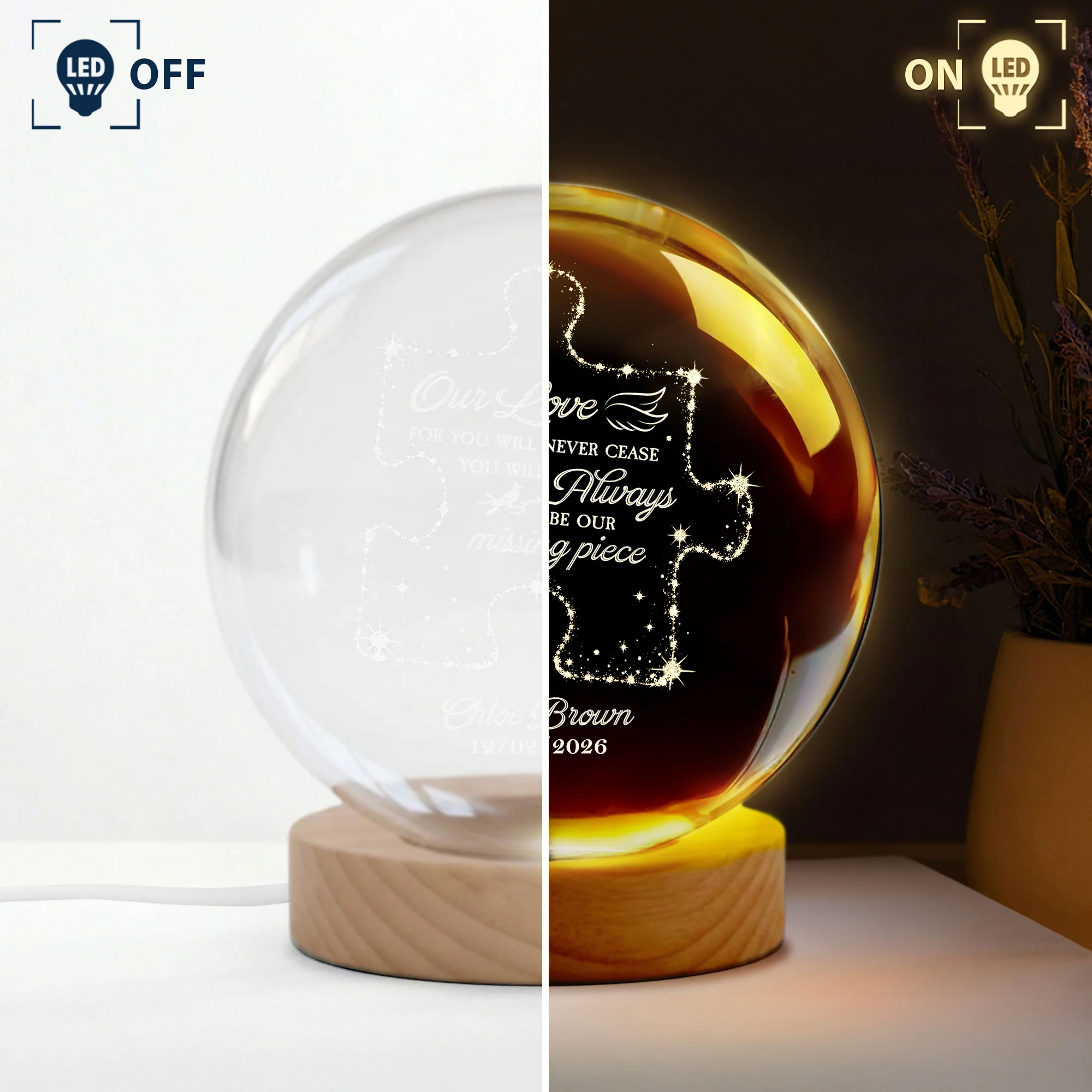 Memorial Gifts Our Missing Piece Crystal Ball Light - Personalized Night Light - Image 3