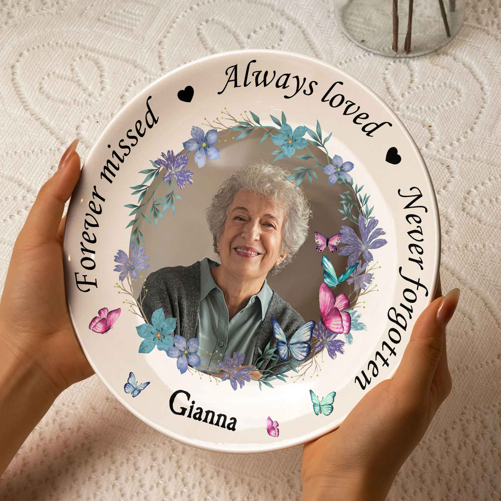 Memorial Plate With Custom Photo And Floral Design - Personalized Photo Ceramic Plate - Image 5