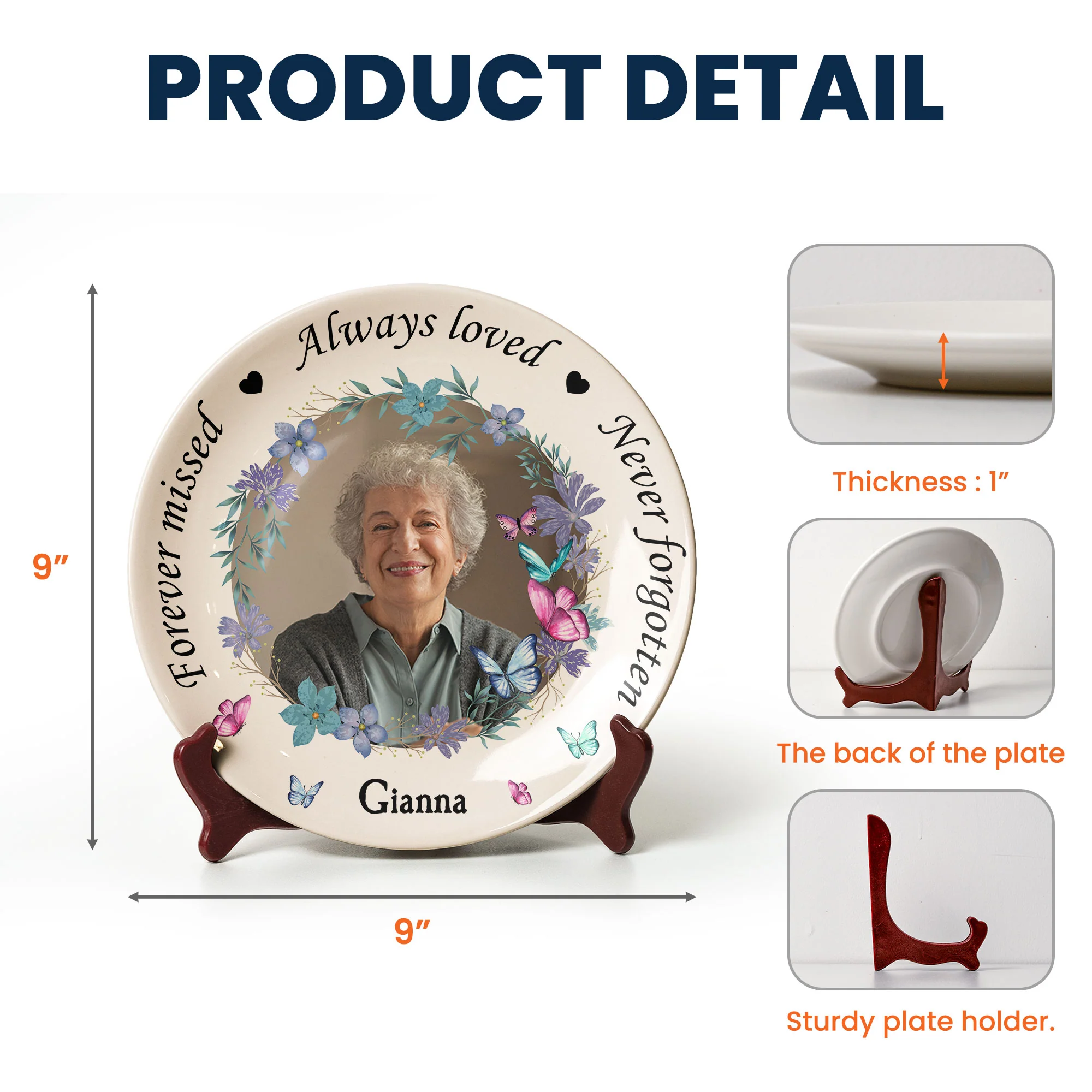 Memorial Plate With Custom Photo And Floral Design - Personalized Photo Ceramic Plate - Image 7