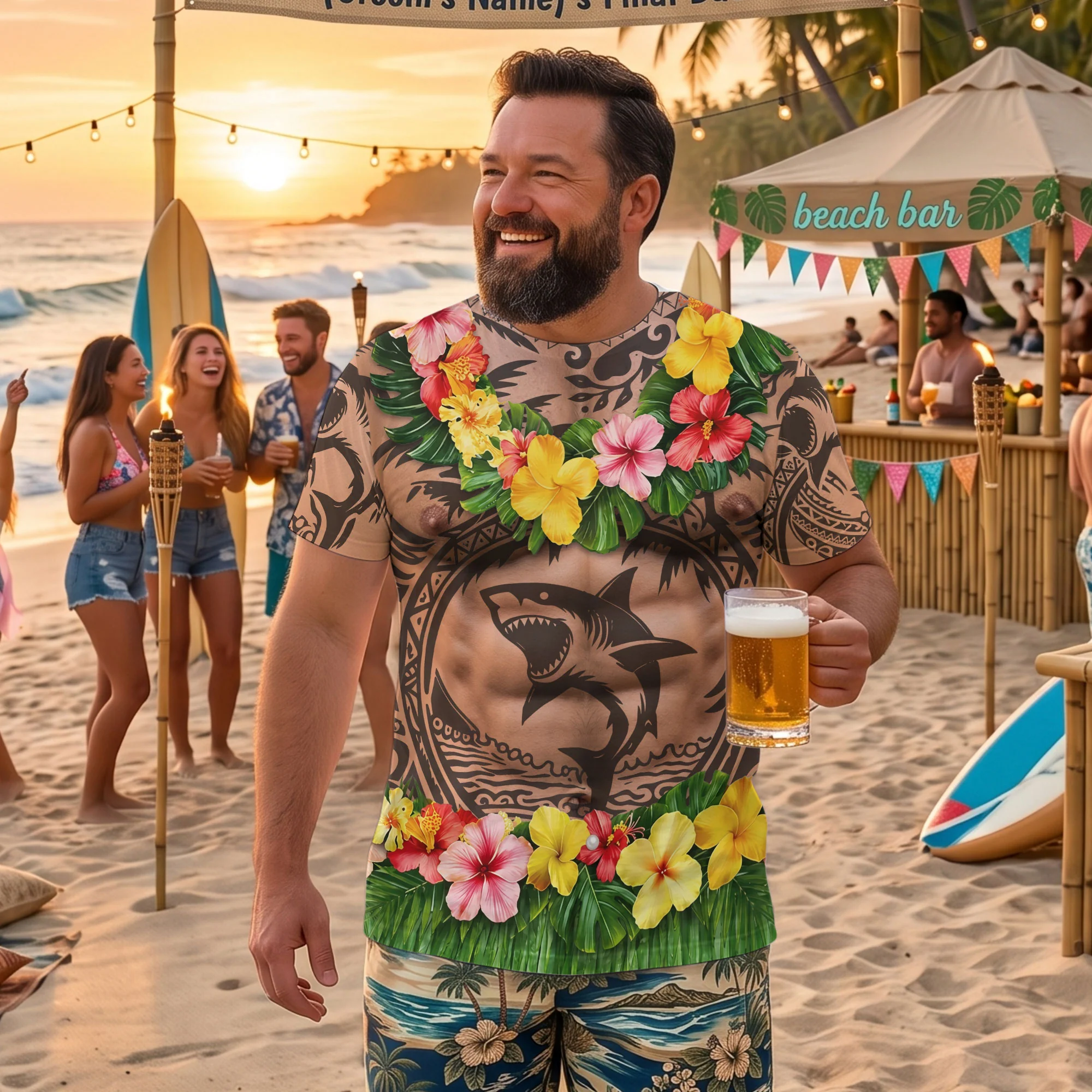 Men’s Funny 3D Aloha Hawaiian, Summer Bachelor Party Costume, Adult Humor Halloween Cosplay - Personalized Shirt - Image 2