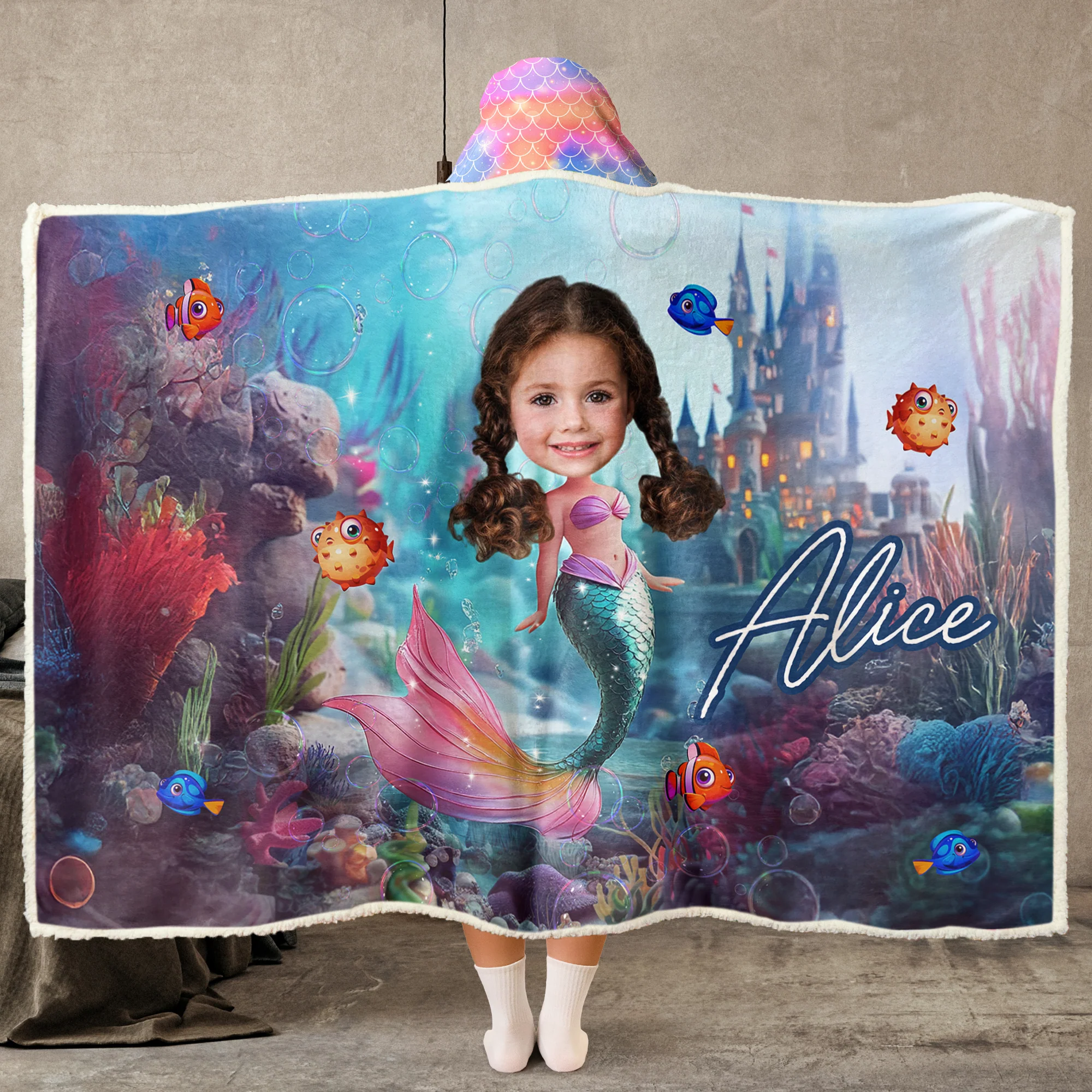 Mermaid Princess - Gifts For Little Girls, Daughter - Custom Face & Name - Personalized Photo Wearable Blanket Hoodie - Image 2