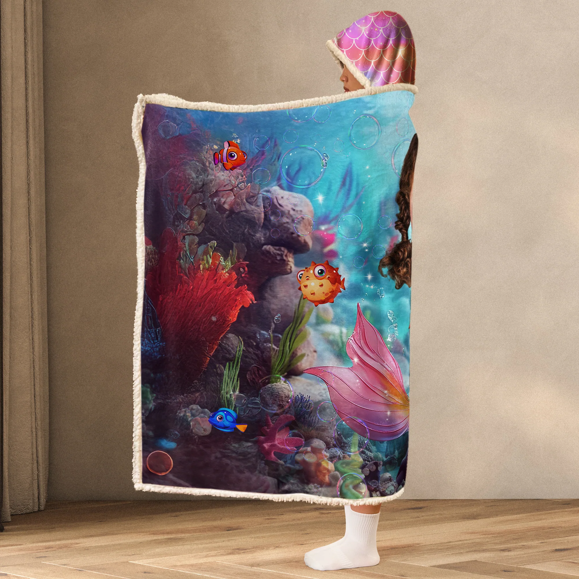 Mermaid Princess - Gifts For Little Girls, Daughter - Custom Face & Name - Personalized Photo Wearable Blanket Hoodie - Image 4