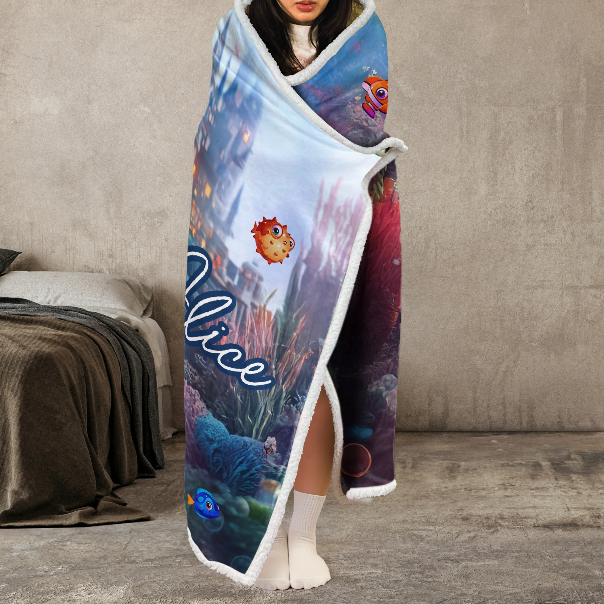 Mermaid Princess - Gifts For Little Girls, Daughter - Custom Face & Name - Personalized Photo Wearable Blanket Hoodie - Image 5
