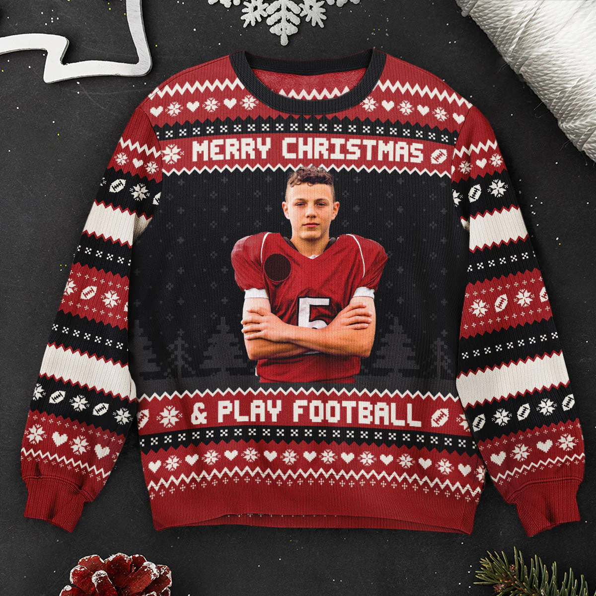 Merry Christmas And Play Football - Personalized Photo Ugly Sweater - Image 4
