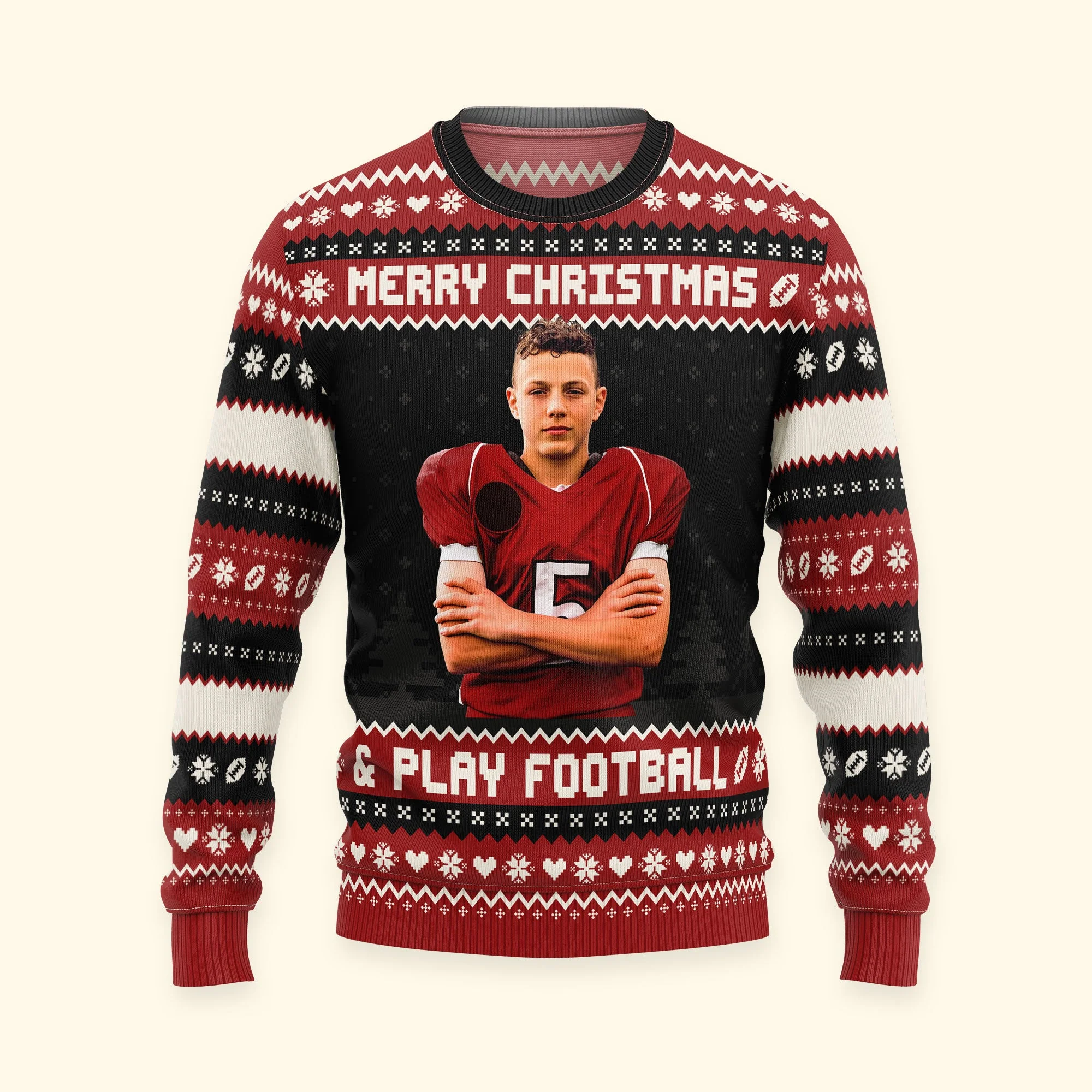 Merry Christmas And Play Football - Personalized Photo Ugly Sweater - Image 5