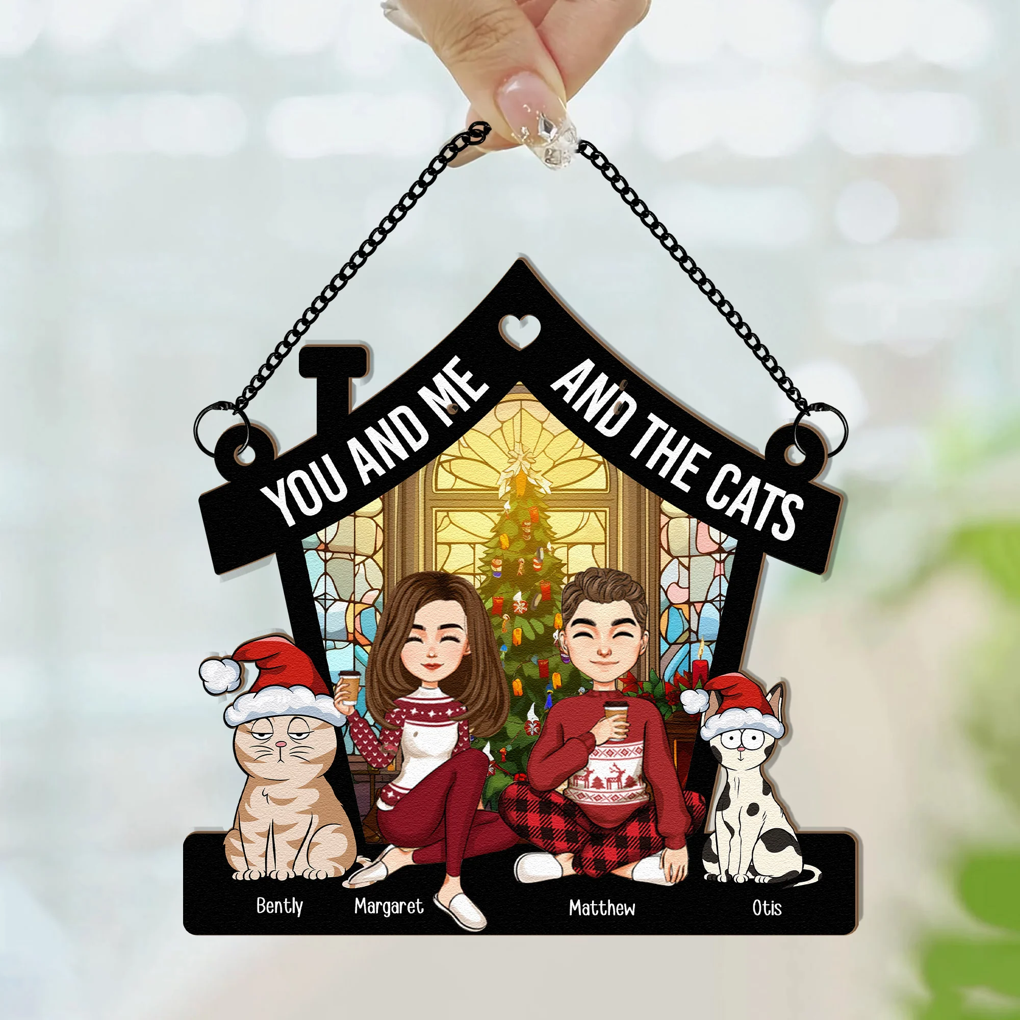 Merry Christmas Couple With Pets - Personalized Window Hanging Suncatcher Ornament - Image 4
