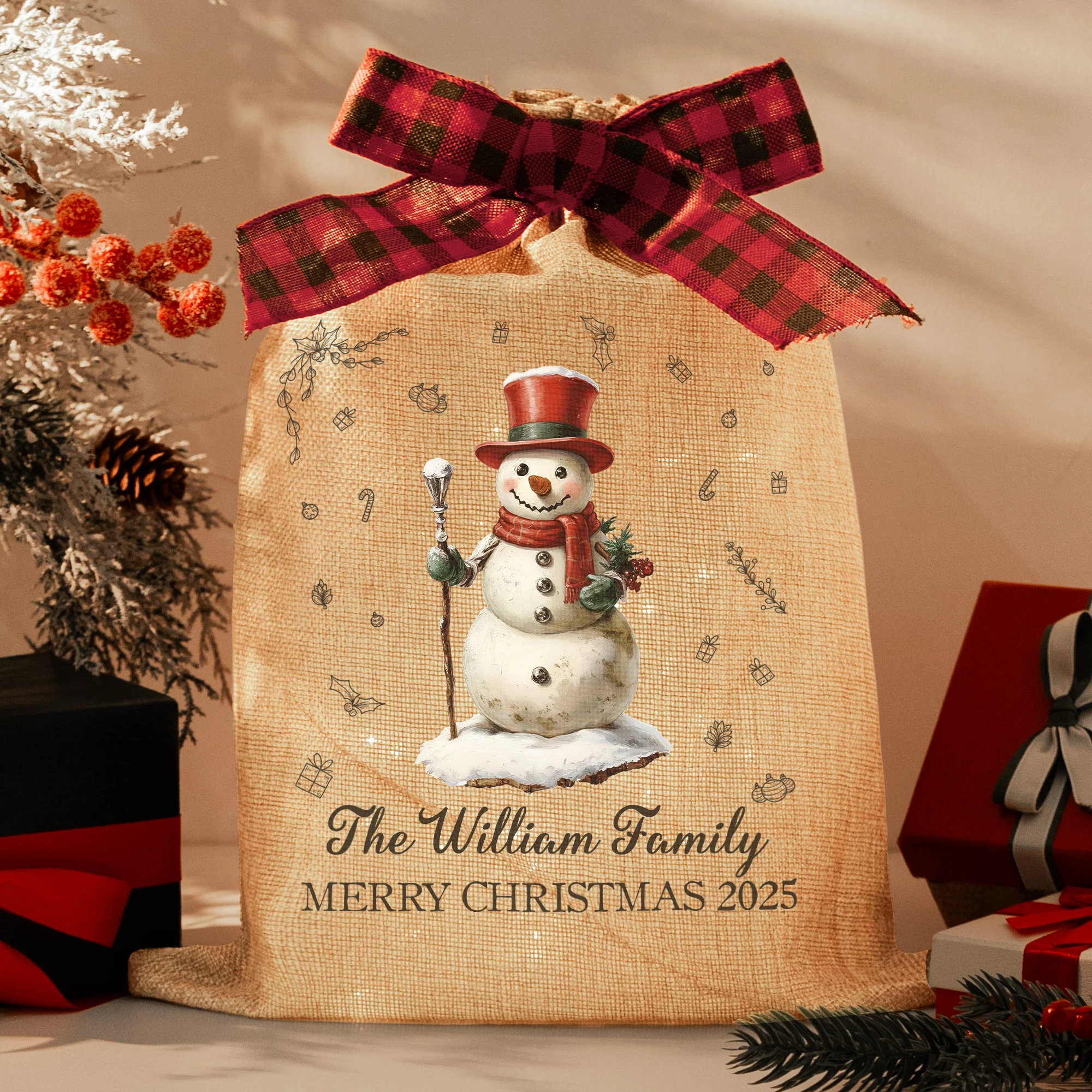 Merry Christmas Vintage Style - Personalized Lighted Burlap Sack - Image 2