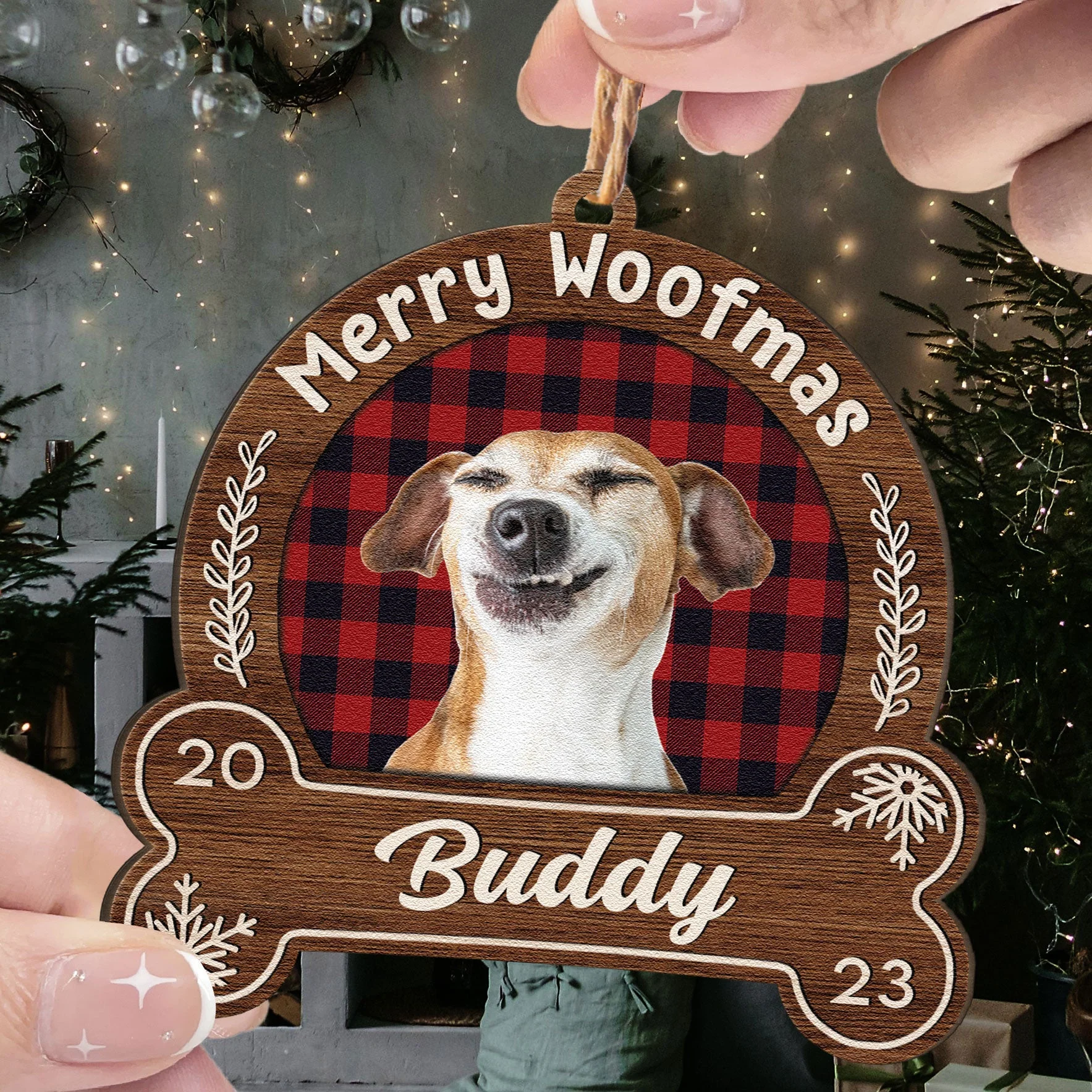 Merry Woofmas - Personalized Snowdome Shaped Wooden Ornament - Image 5