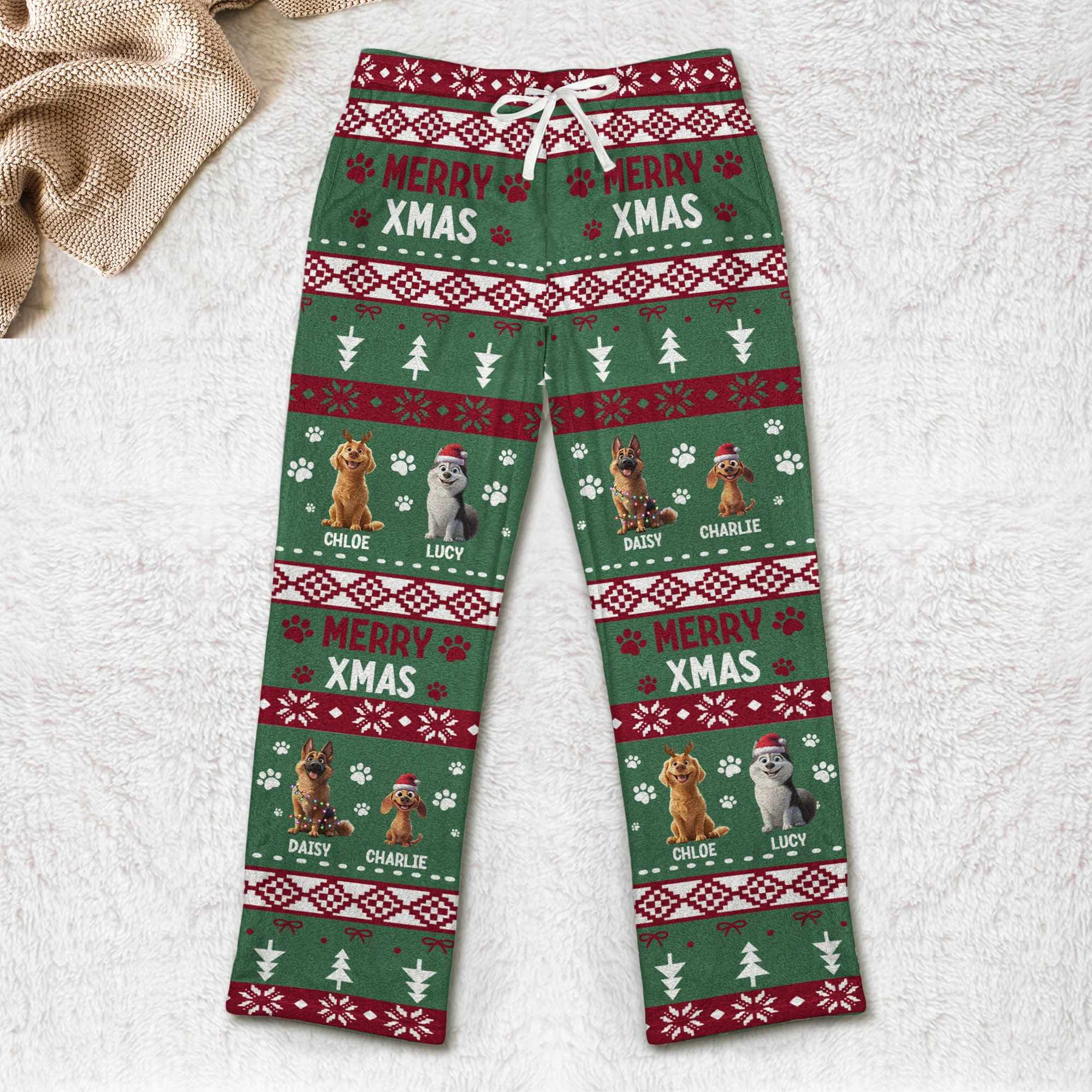 Merry Xmas Meowy Catmas Merry Woofmas Dog Cat Lovers - Personalized Fleece Pajama Pants - Image 3