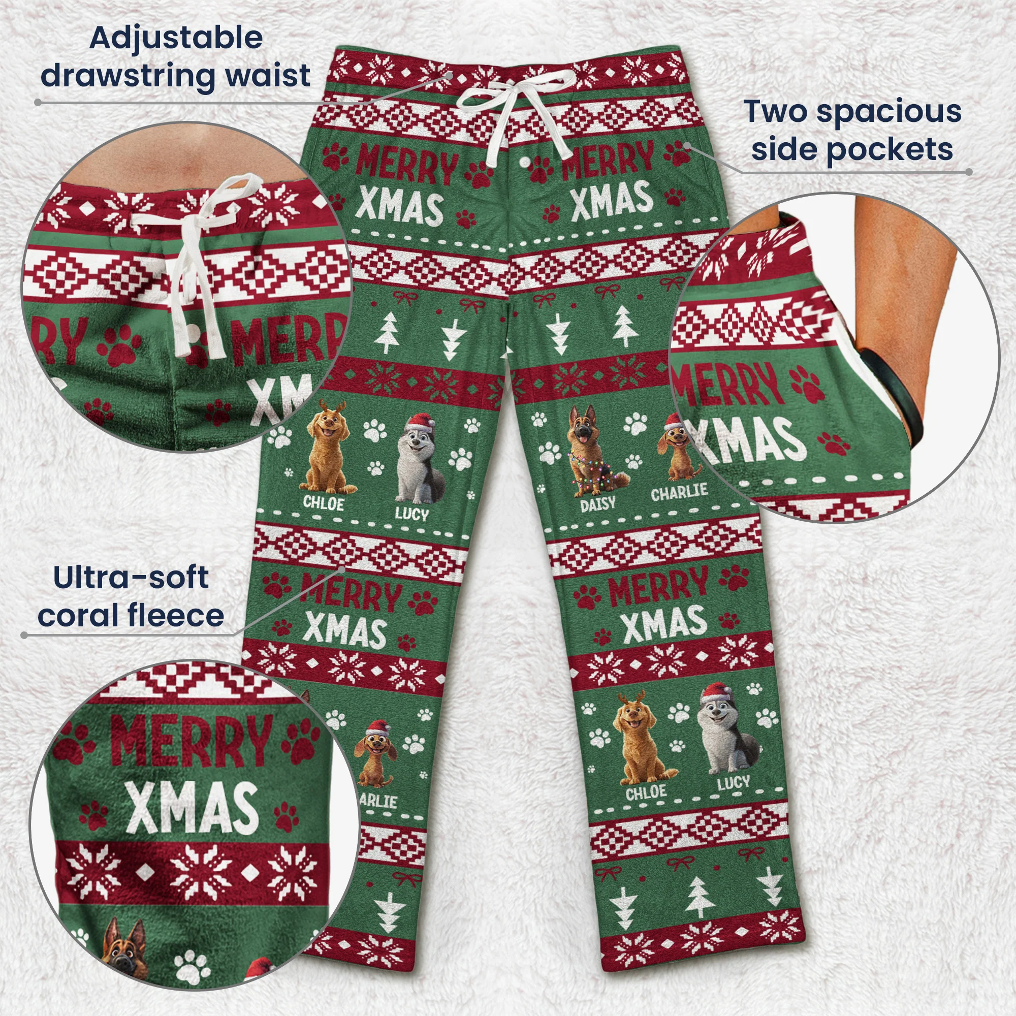Merry Xmas Meowy Catmas Merry Woofmas Dog Cat Lovers - Personalized Fleece Pajama Pants - Image 5