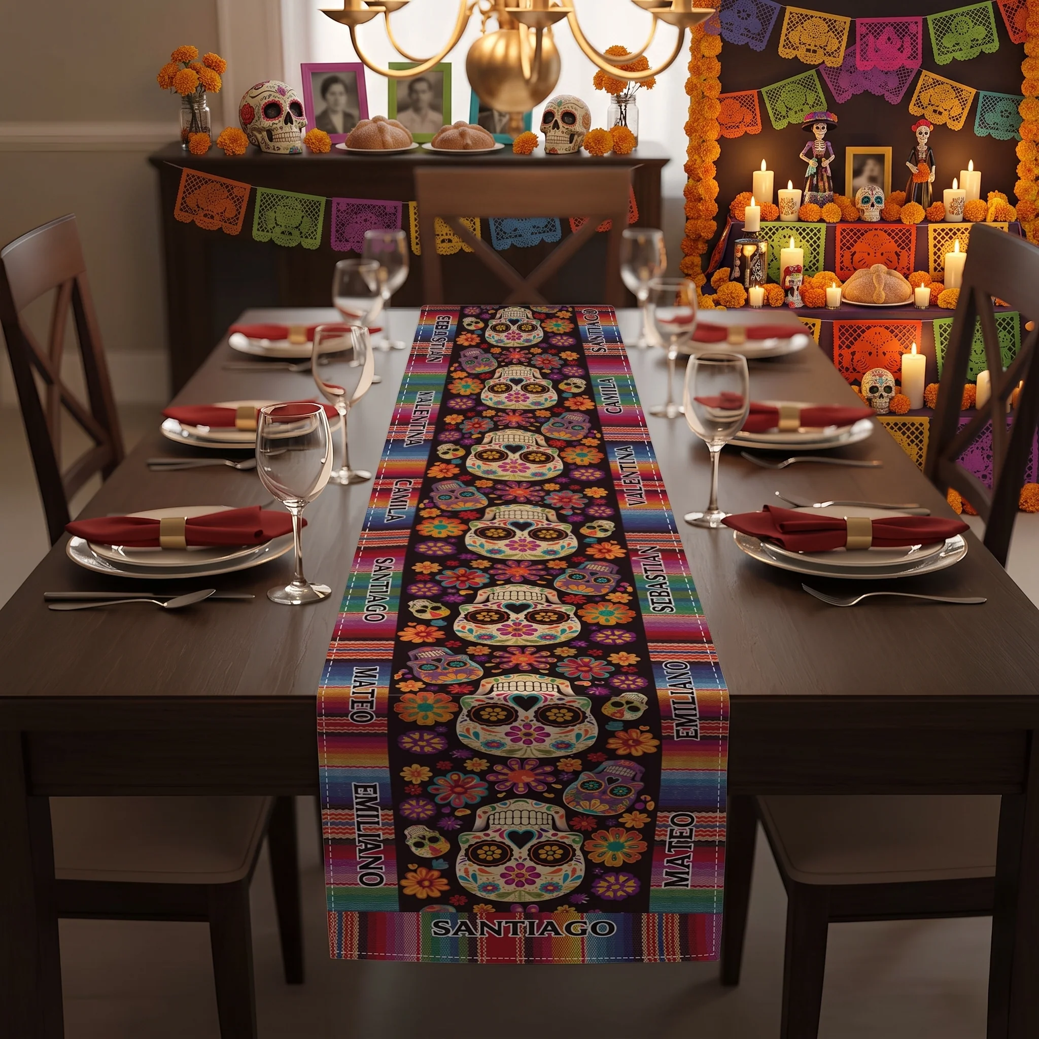 Mexican Day Of The Dead Festive Flowers And Sugar Skulls - Personalized Table Runner - Image 2