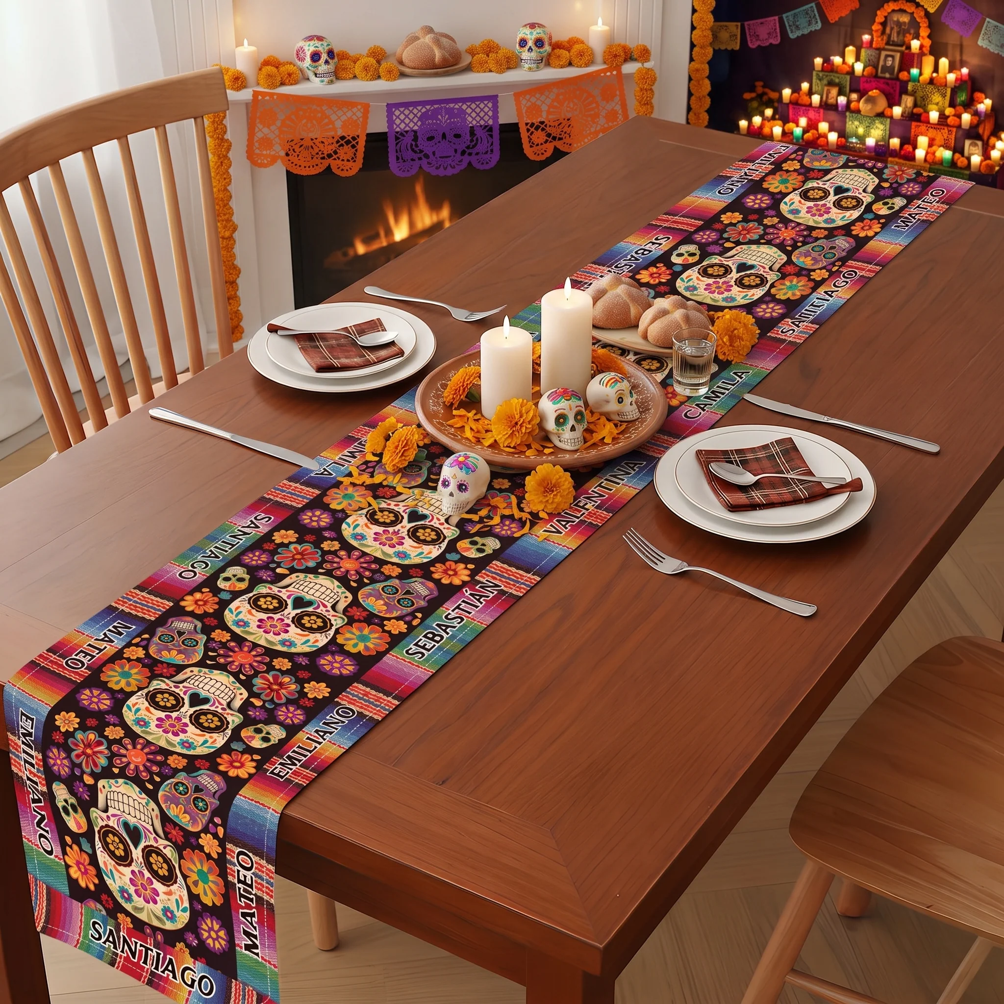 Mexican Day Of The Dead Festive Flowers And Sugar Skulls - Personalized Table Runner - Image 3