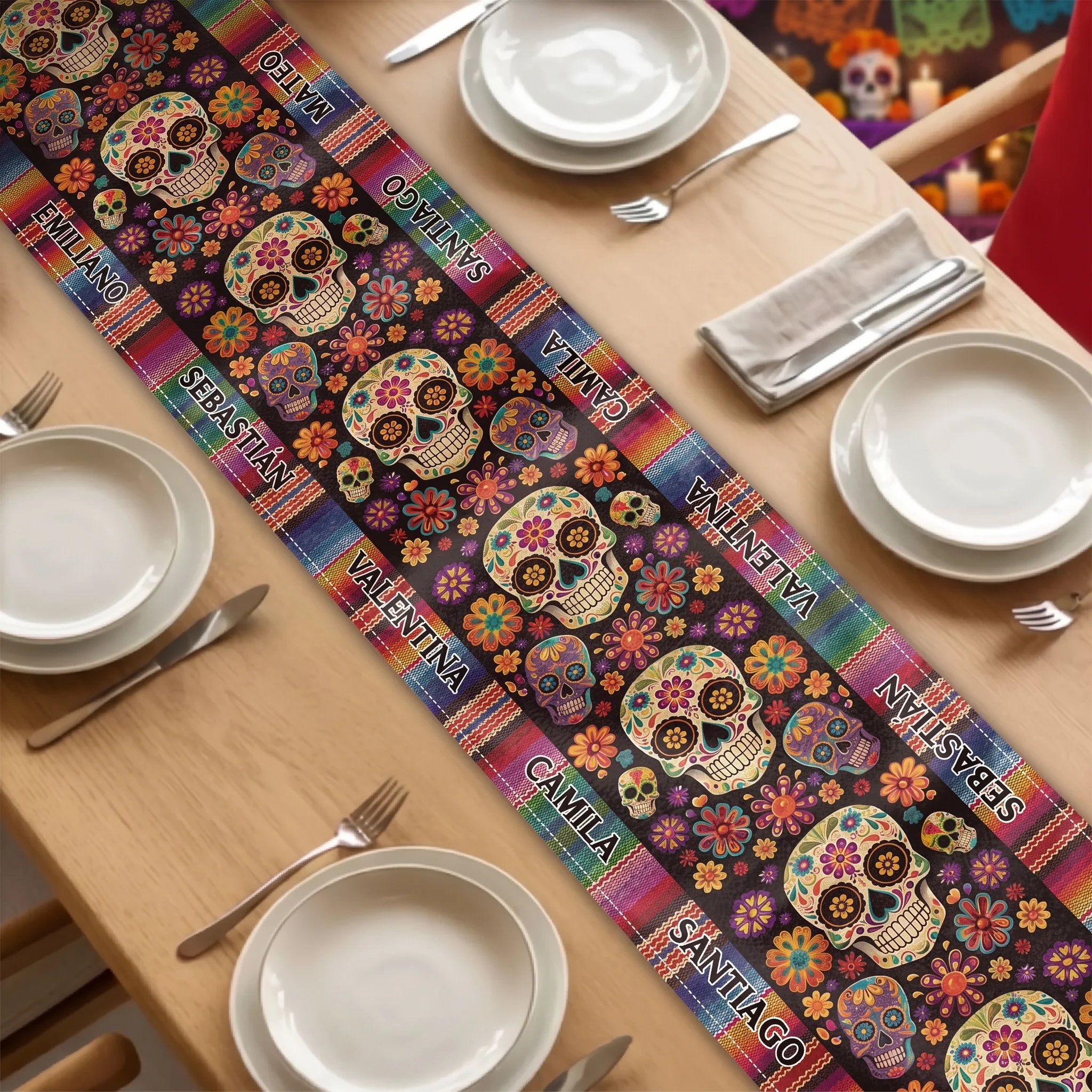 Mexican Day Of The Dead Festive Flowers And Sugar Skulls - Personalized Table Runner - Image 4